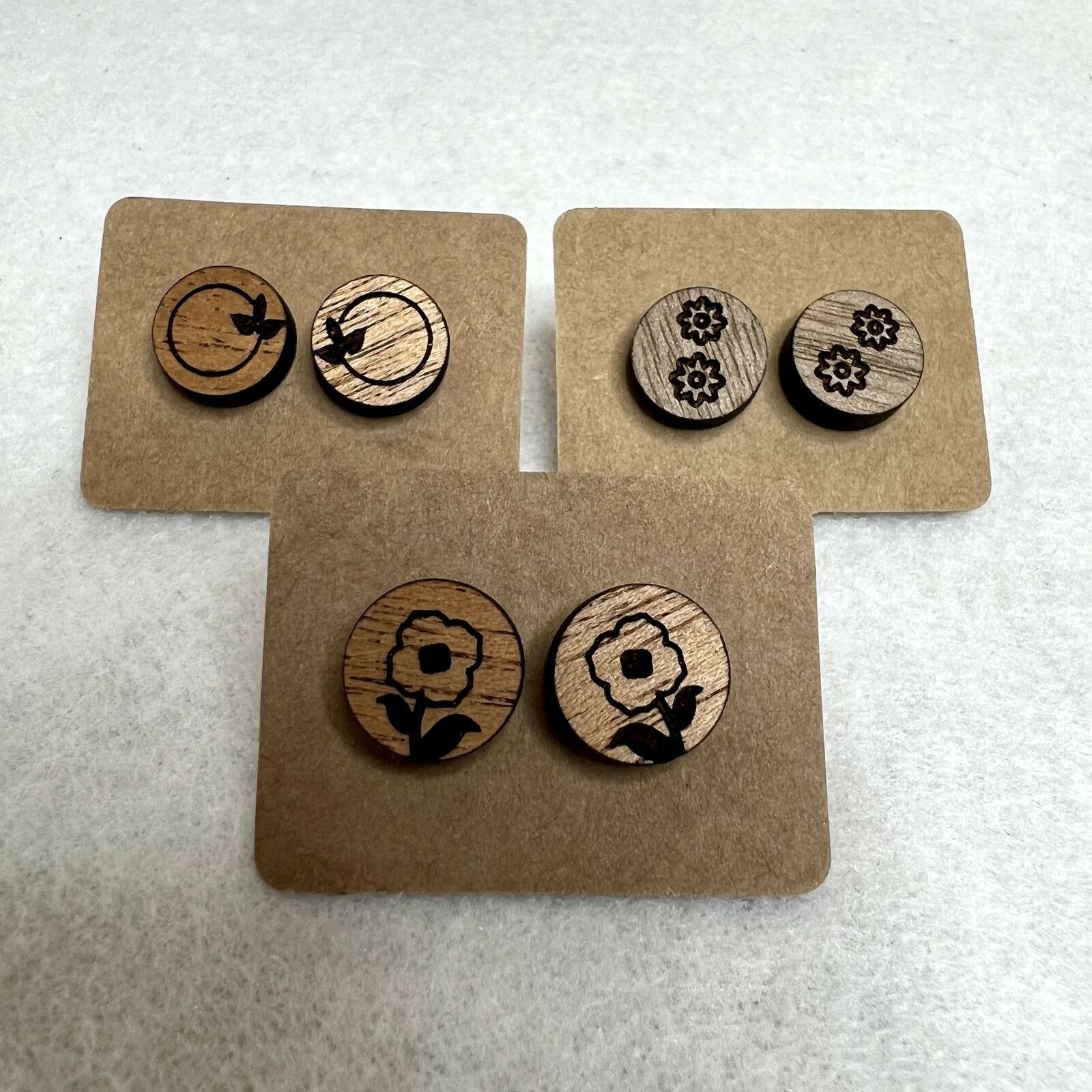 Handmade 3 Pack Wooden Engraved Stud Earrings Size ONE SIZE - 1 Thumbnail