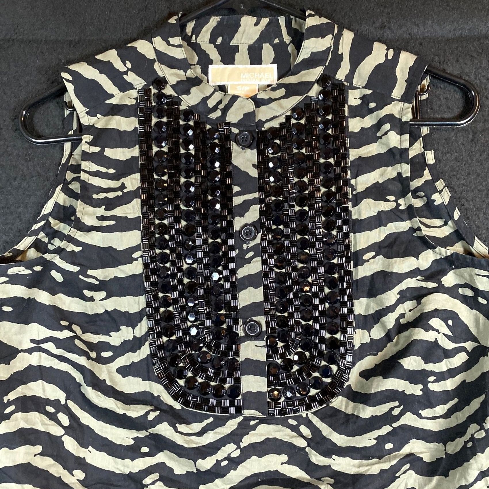 Vintage Michael Kors Women Blouse Black Green Animal Print Beaded Sleeveless Small Size S / US 4 / IT 40 - 2 Thumbnail