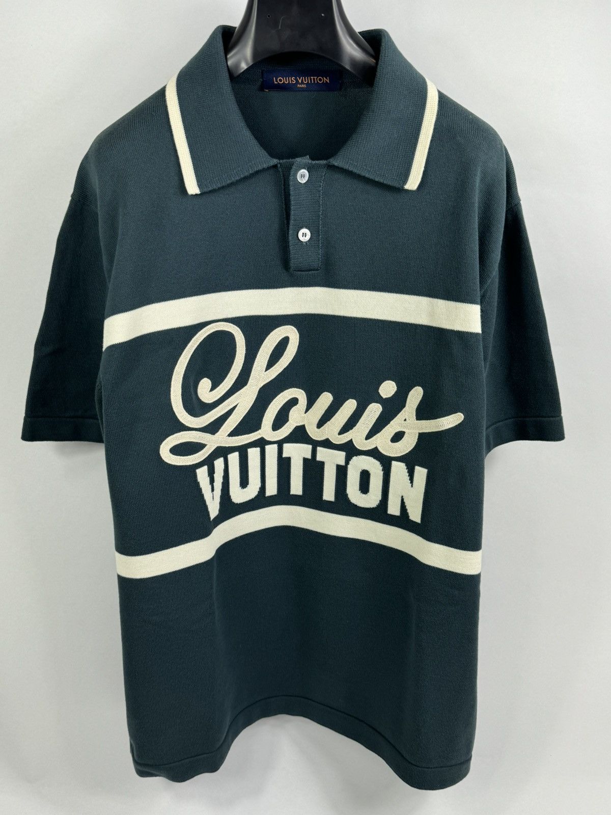 image of Louis Vuitton Logo Embroidered Knit Polo Shirt in Blue, Men's (Size XL)