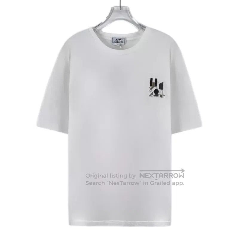 Hermes Hermes White Geometric Leather Patchwork Cotton Jersey Sho Size L / US 10 / IT 46 - 1 Thumbnail