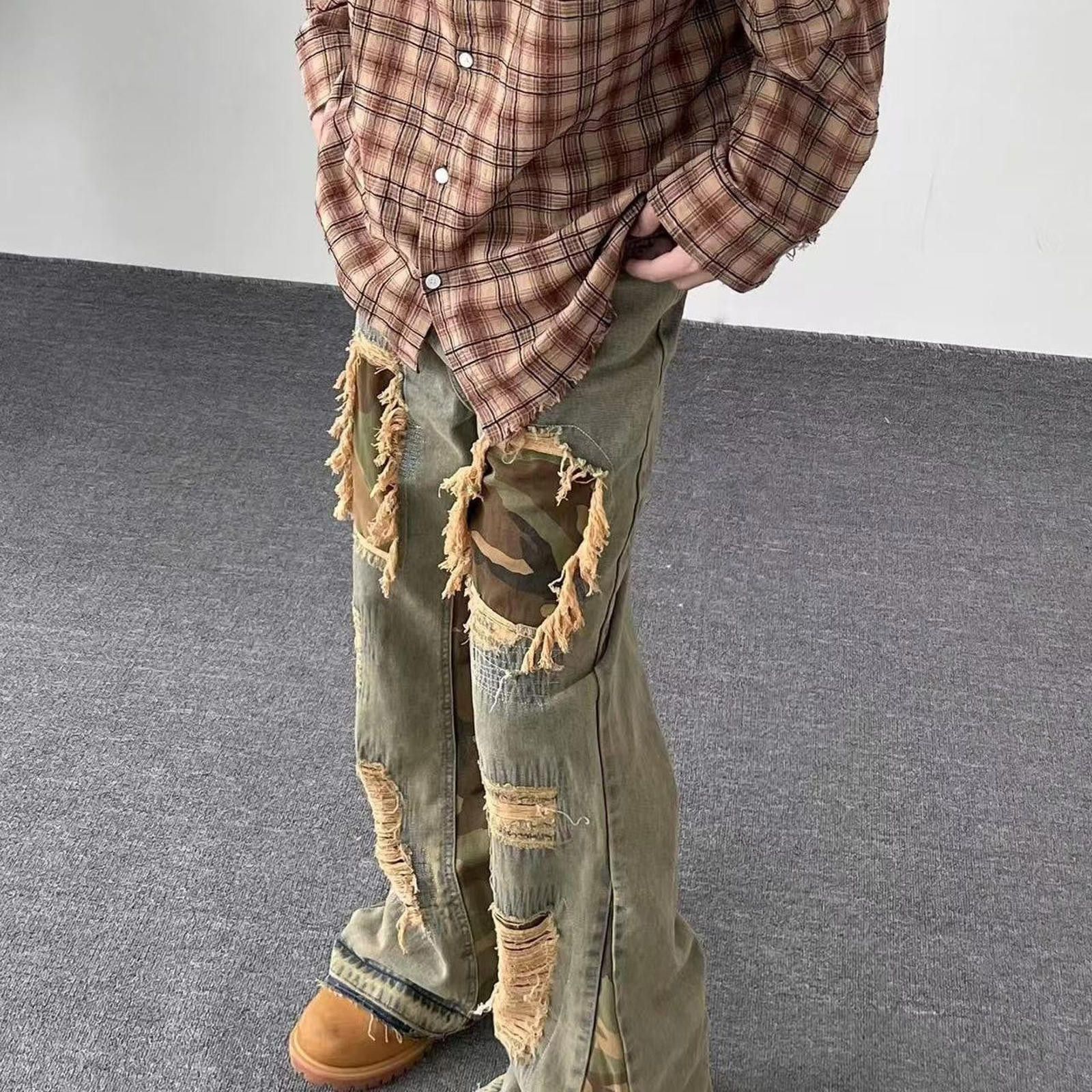 Jean Camo Patch Flare Jeans – Yellow Mud, Retro Loose Fit Size US 33 - 1 Thumbnail