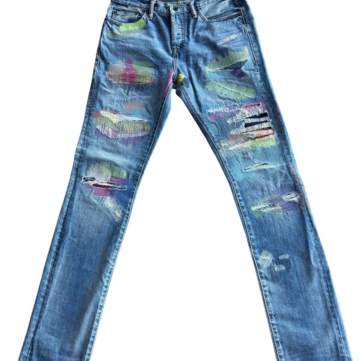 Prps PRPS: Men's Le Sabre Fit Rainbow Paint Ripped Jeans - Size US 29 - 2 Thumbnail