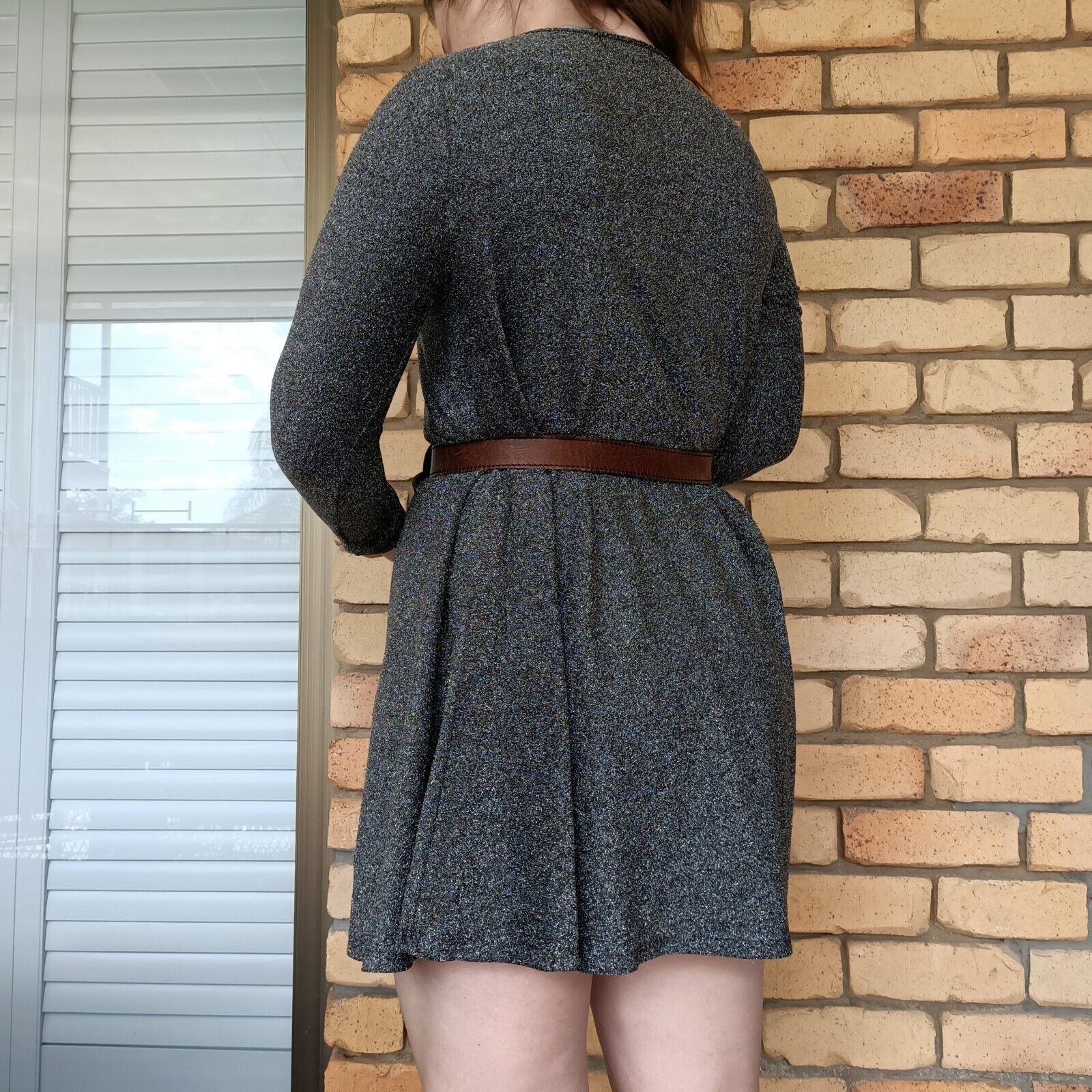 Designer Glamorous Dress Grey Silver Mini Fit & Flare Lurex Size M / US 6-8 / IT 42-44 - 2 Thumbnail