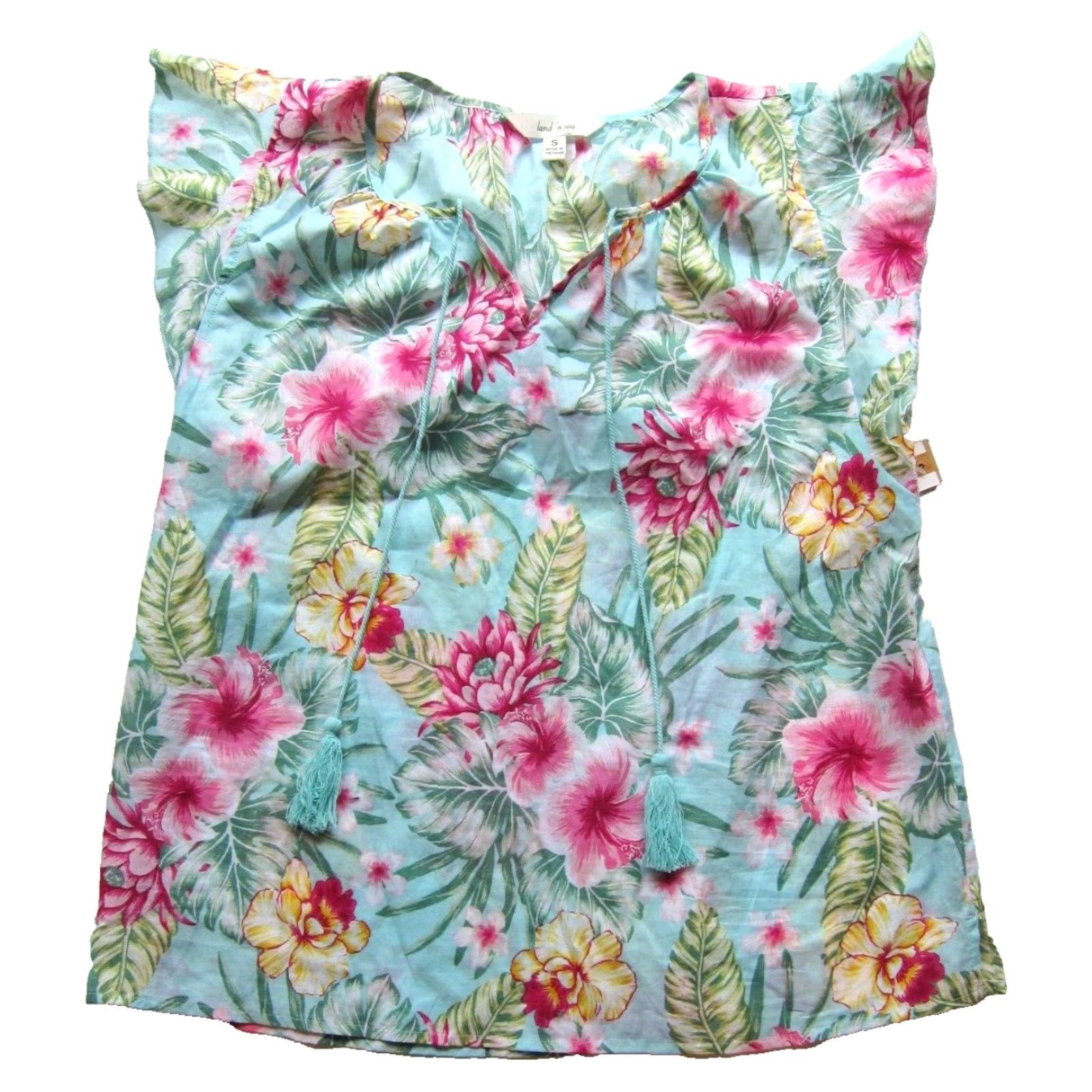 Vintage NWT Land N Sea Cap Sleeve Blouse Floral Pink S Small Women's Cotton 100% V-Neck Short Sleeve Blouse Tunic Regular Size S / US 4 / IT 40 - 2 Thumbnail