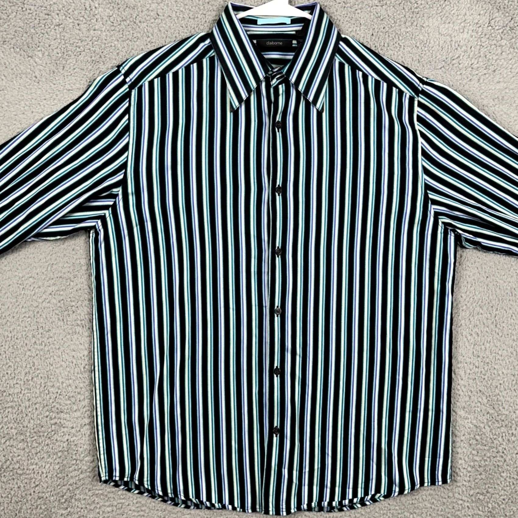 Liz Claiborne Claiborne Mens Large Modern Fit Shirt Dress Black Green Striped French Cuff EUC Size 42R - 3 Thumbnail