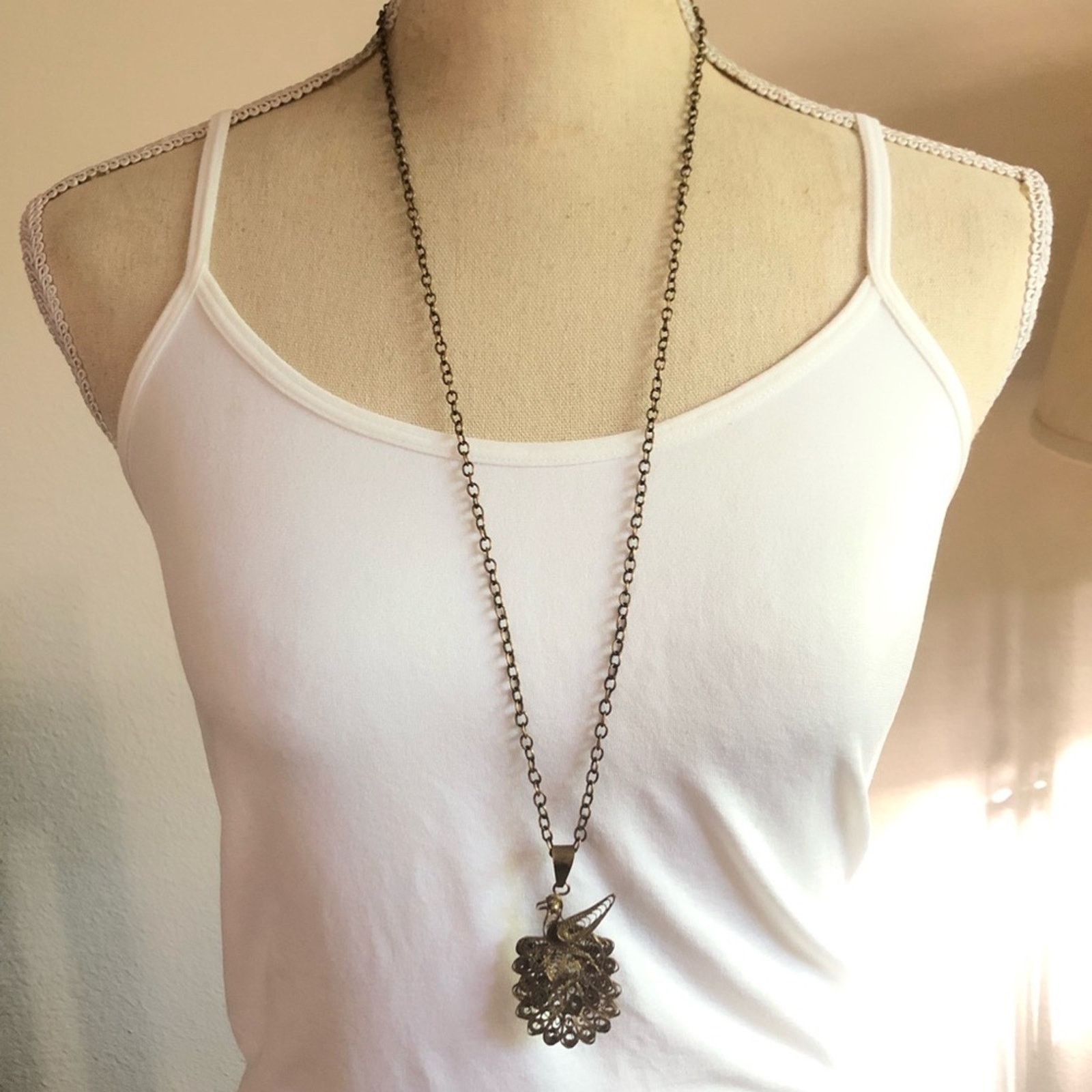 Handmade Handcrafted brass peacock filigree pendant w/chain Size ONE SIZE - 2 Thumbnail