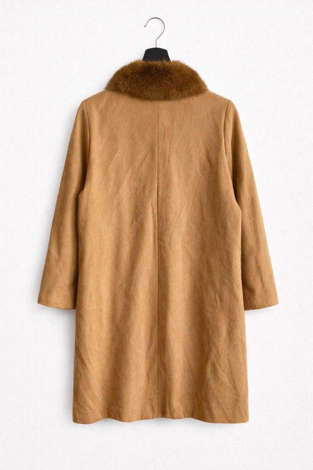 Japanese Brand Vintage AMISTA Camel Wool Coat with Real Fur Collar Elegant Size L / US 10 / IT 46 - 2 Thumbnail