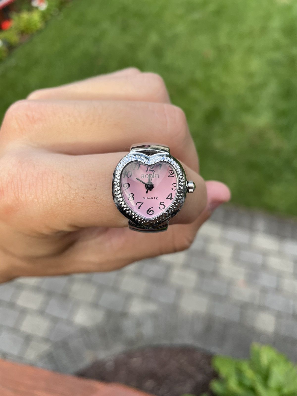 Japanese Brand Pink Heart Silver Watch Ring Adjustable Size ONE SIZE - 1 Thumbnail