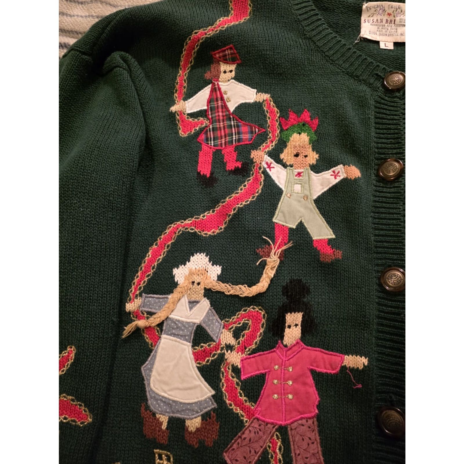 VINTAGE Susan Bristol Sweater Cardigan Women Large Green 90s Folk Art Geometric Embroidered Button Raglan Sleeve