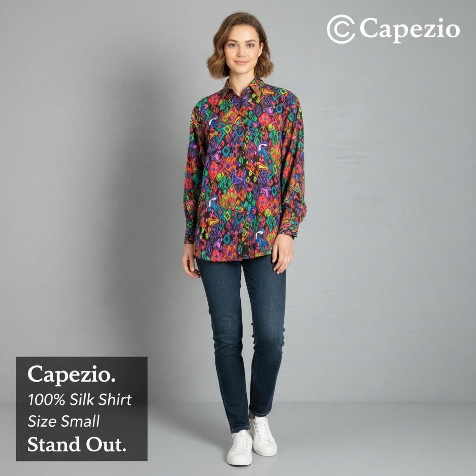 Other Capezio 100% Silk Multicolor Geometric Print Shirt Size S Size S / US 4 / IT 40 - 2 Thumbnail