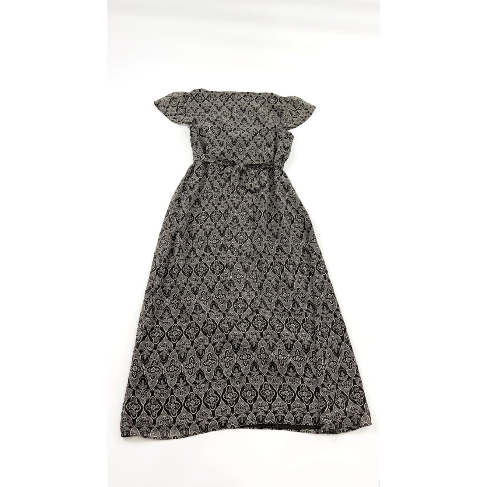 Ann Taylor Ann Taylor Loft Dress Womens 0 Black Geometric Pattern Midi Boho Short Sleeve V-Neck Wrap A-Line Casual Workwear Party/Cocktail Size 25" / US 0 / IT 36 - 3 Thumbnail