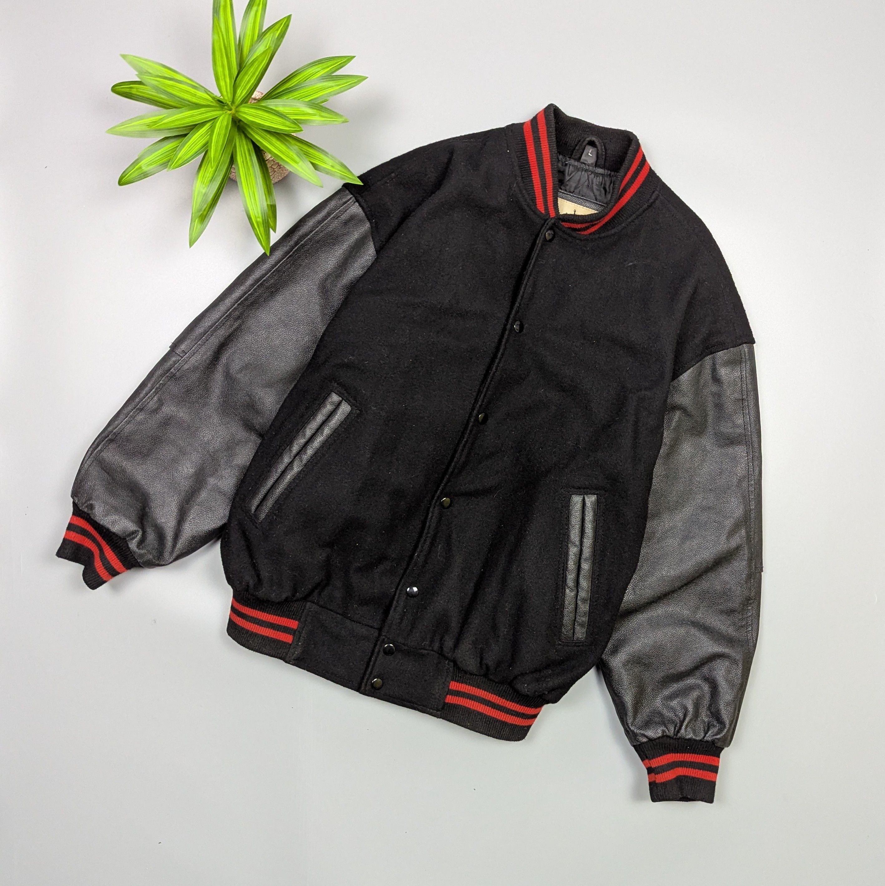 Vintage Rockabilly VTG 80s Wool Leather Black Bomber Varsity Jacket Size US L / EU 52-54 / 3 - 3 Thumbnail