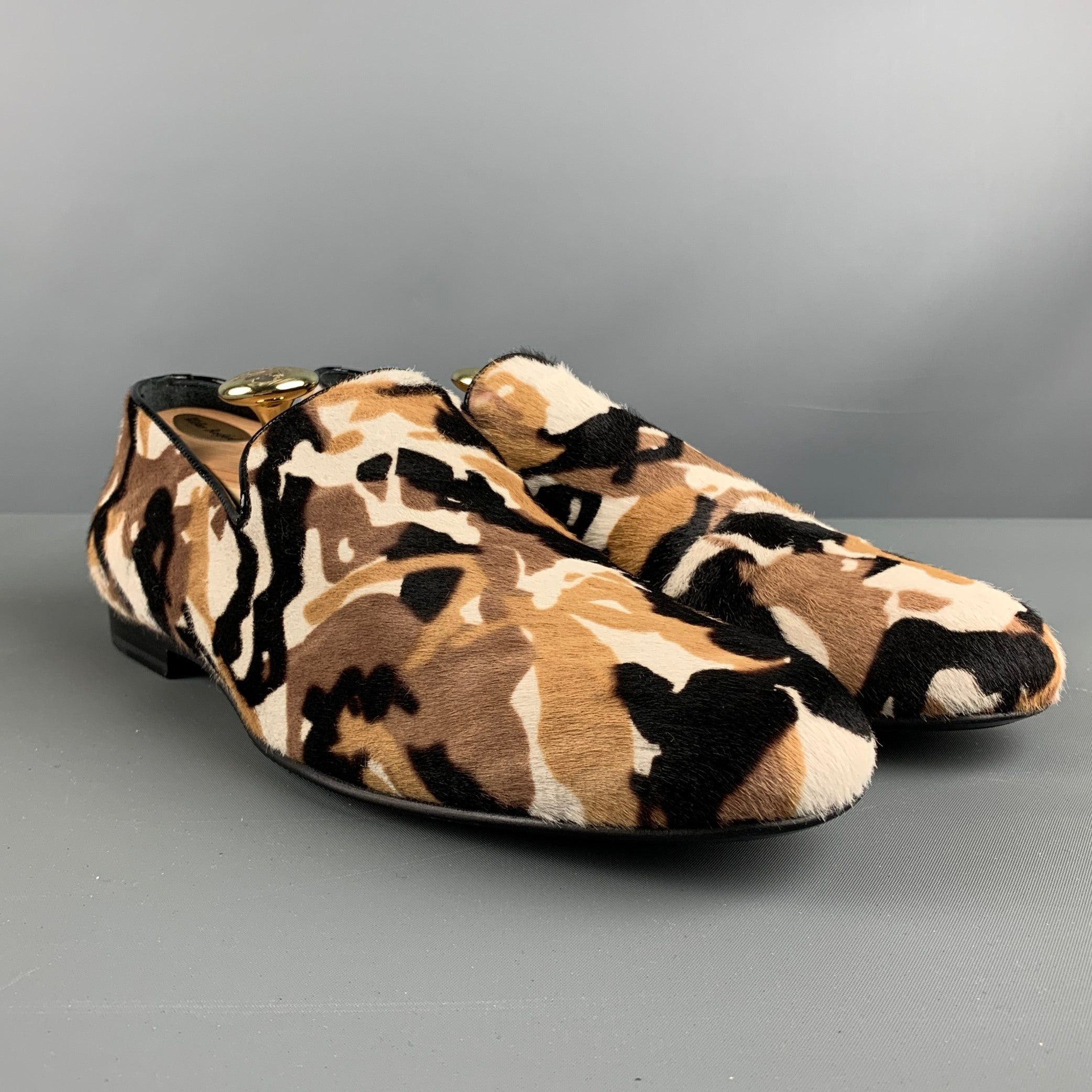 image of Jimmy Choo Brown Black & White Animal Print Leather Slip On Loafers, Men's (Size 9)
