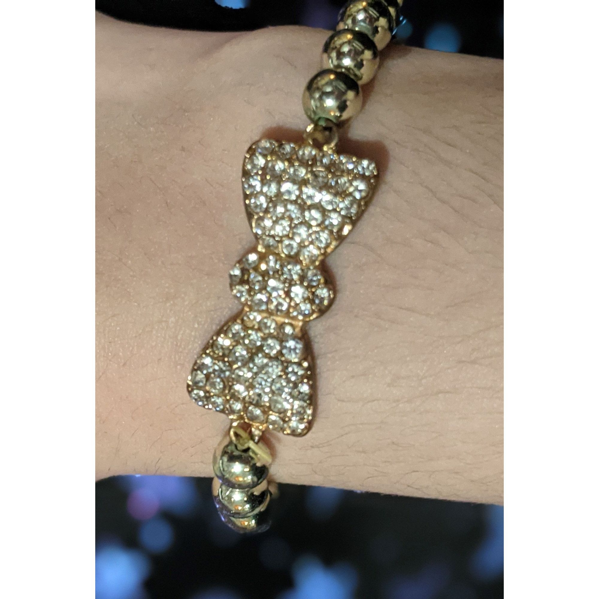 Other Coquette Rhinestone Bow Tie Gold Tone Beaded Bracelet Size ONE SIZE - 1 Thumbnail
