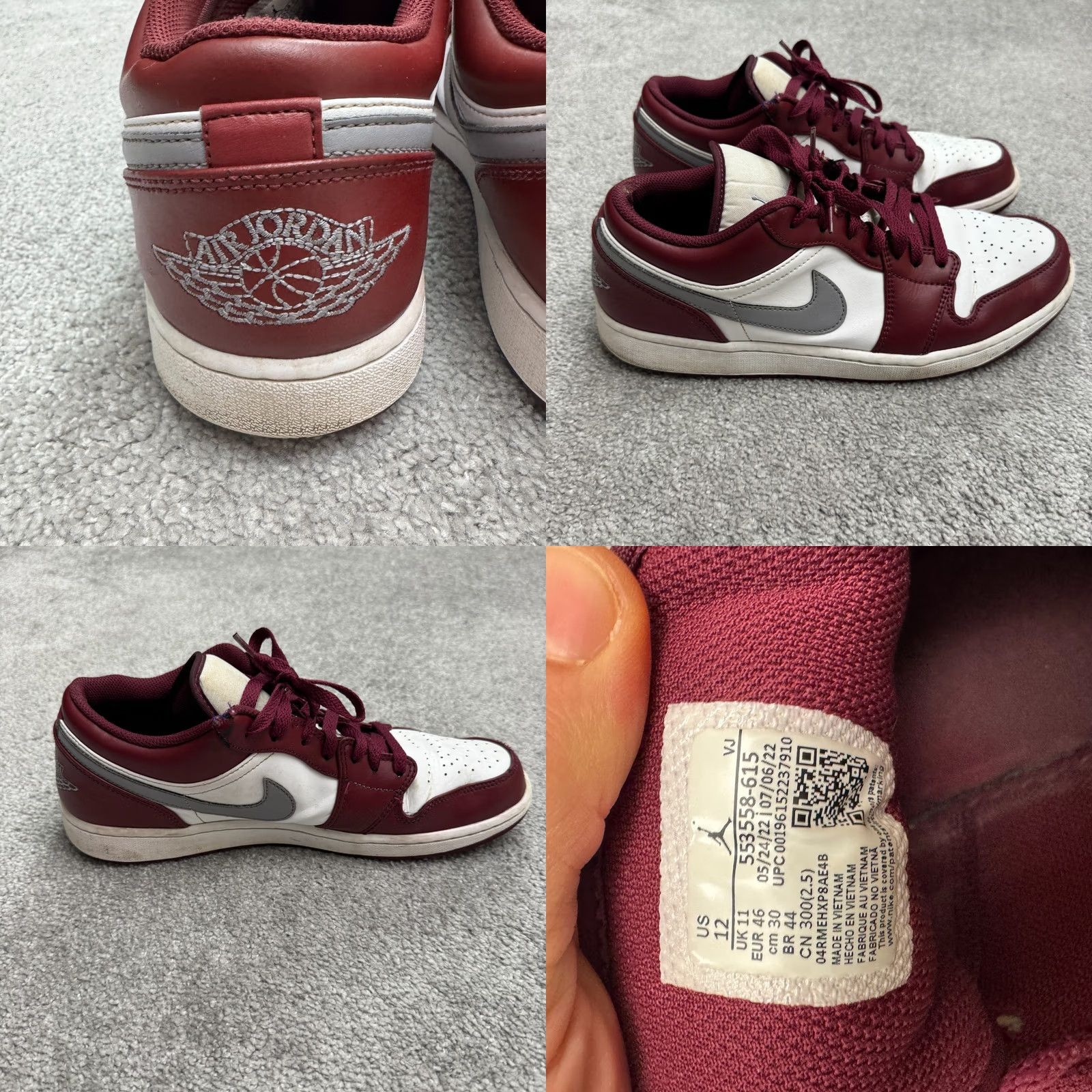 Nike Nike Air Jordan 1 Low Bordeaux White Cherrywood Red Cement Gray Sneakers Mens 12 Size US 12 / EU 45 - 8 Thumbnail
