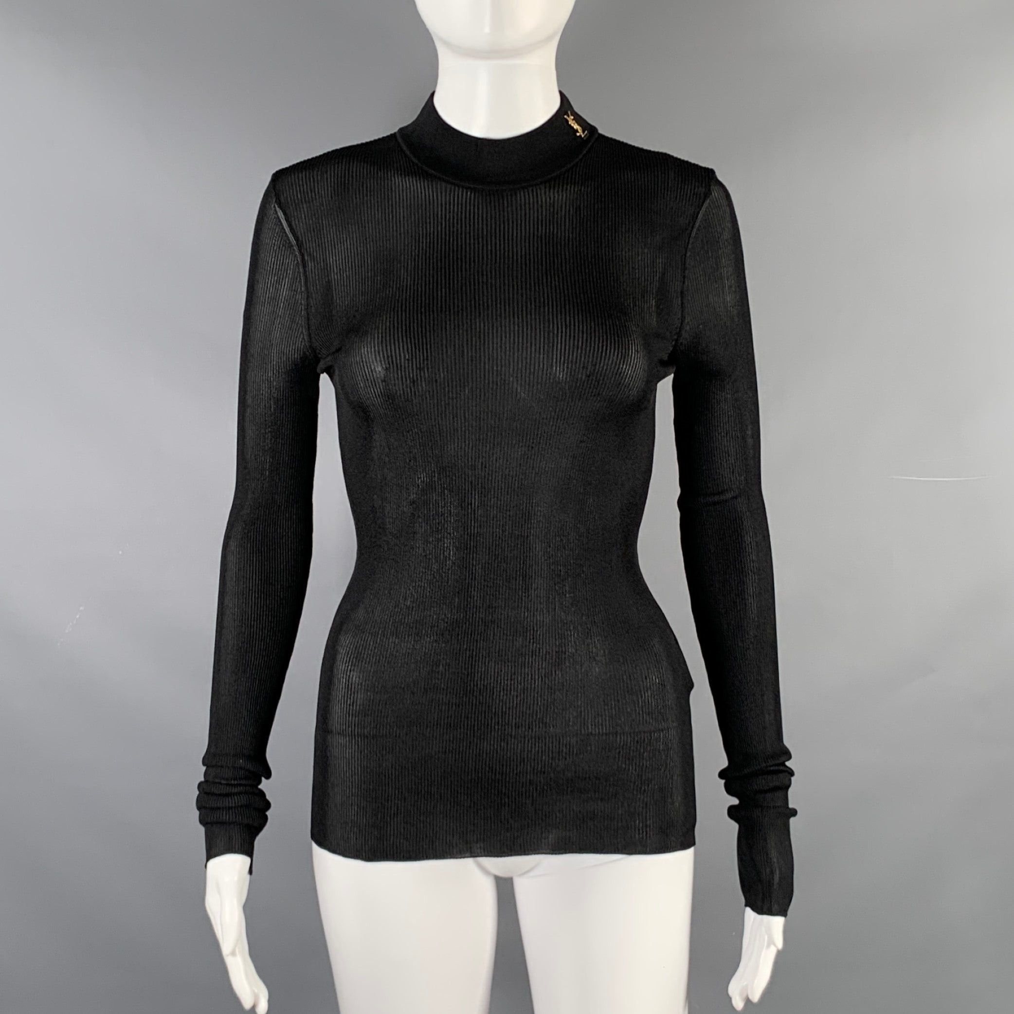 image of Saint Laurent Paris Black Silk Ribbed Turtleneck Casual Top, Women's (Size Medium)