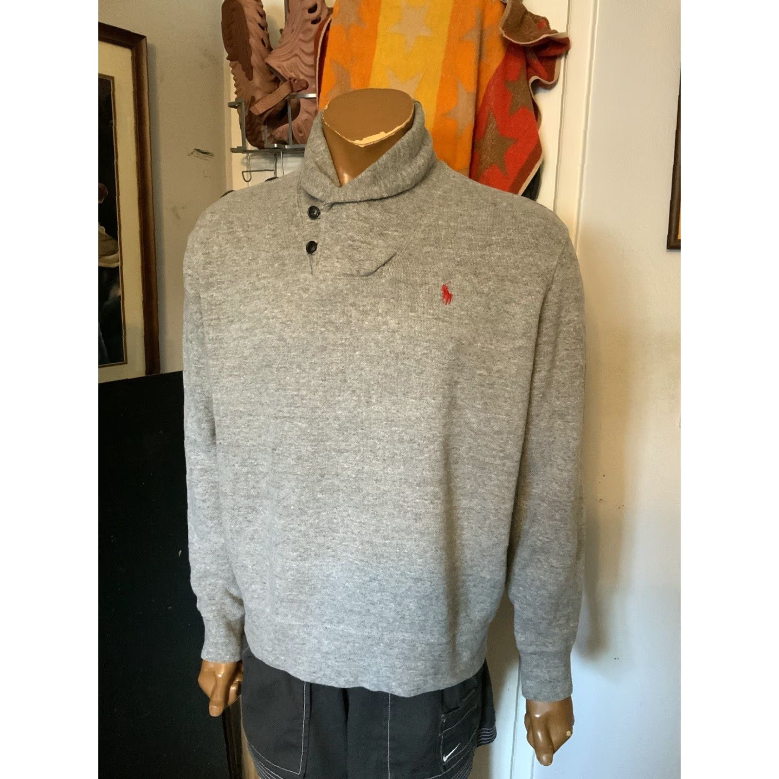 Polo Ralph Lauren VINTAGE Polo Ralph Lauren Pony Player Logo Rib Cotton Gray Shawl Estate Sweater Sz. L Size US L / EU 52-54 / 3 - 7 Thumbnail