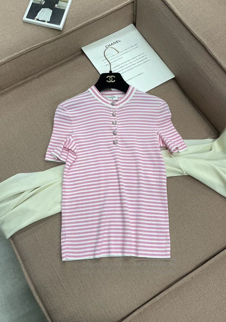 Chanel Chanel Pink striped knitted short sleeves Size XS / US 0-2 / IT 36-38 - 1 Thumbnail