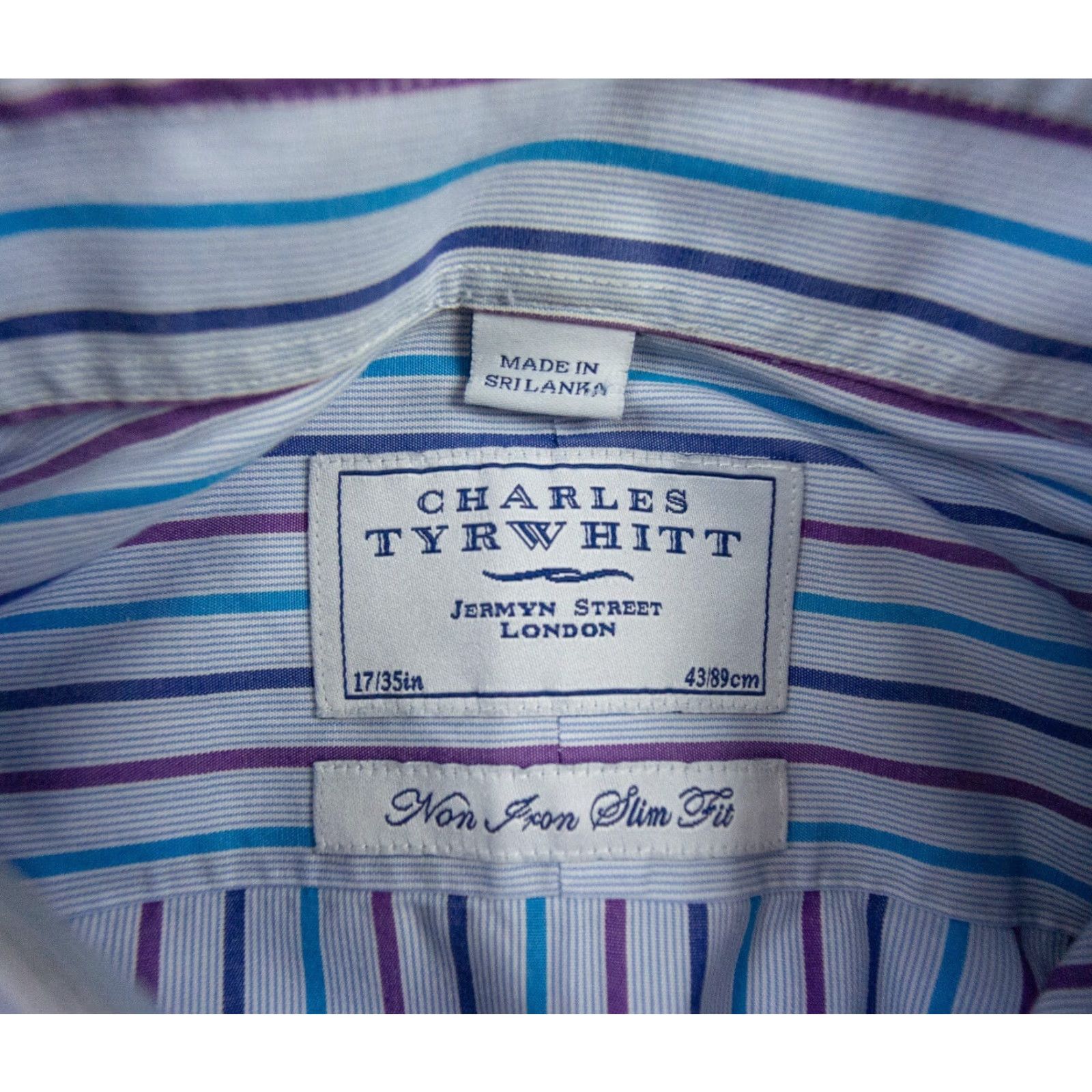 Charles Tyrwhitt Charles Tyrwhitt Shirt Mens 17 / 35 Blue Button Up Striped Non Iron Slim Fit Size US XL / EU 56 / 4 - 6 Thumbnail