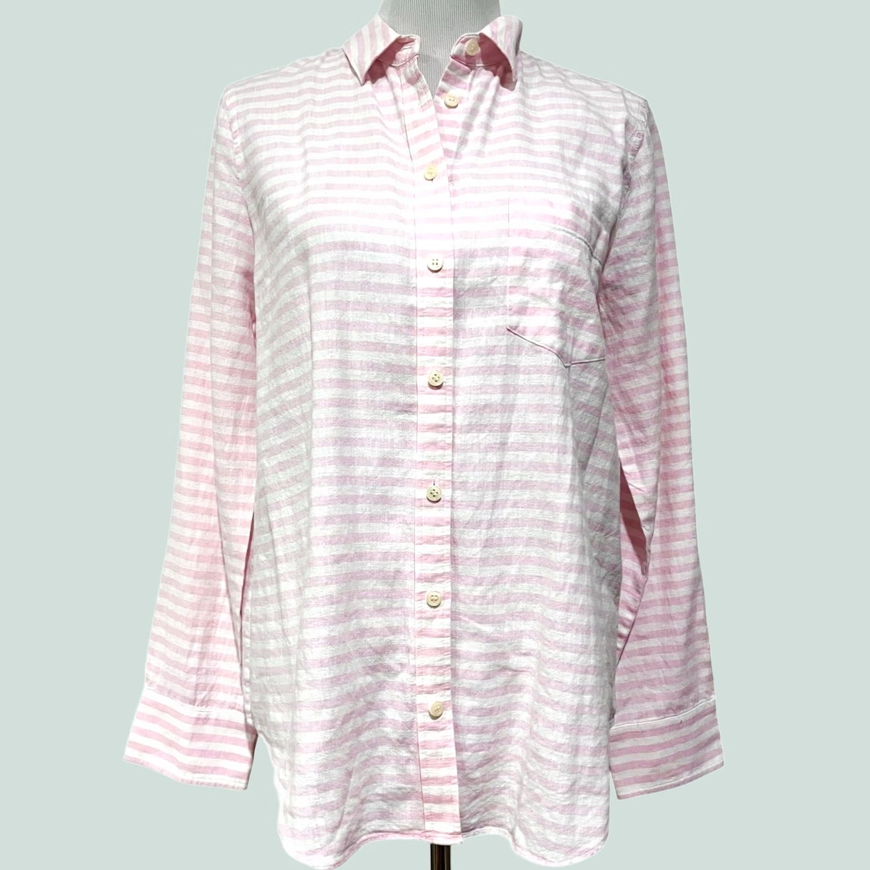 J.Crew J.Crew Women’s Linen Cotton Button-Up Pink White Stripe Long Sleeve Preppy Sz M Shirt Size M / US 6-8 / IT 42-44 - 1 Thumbnail