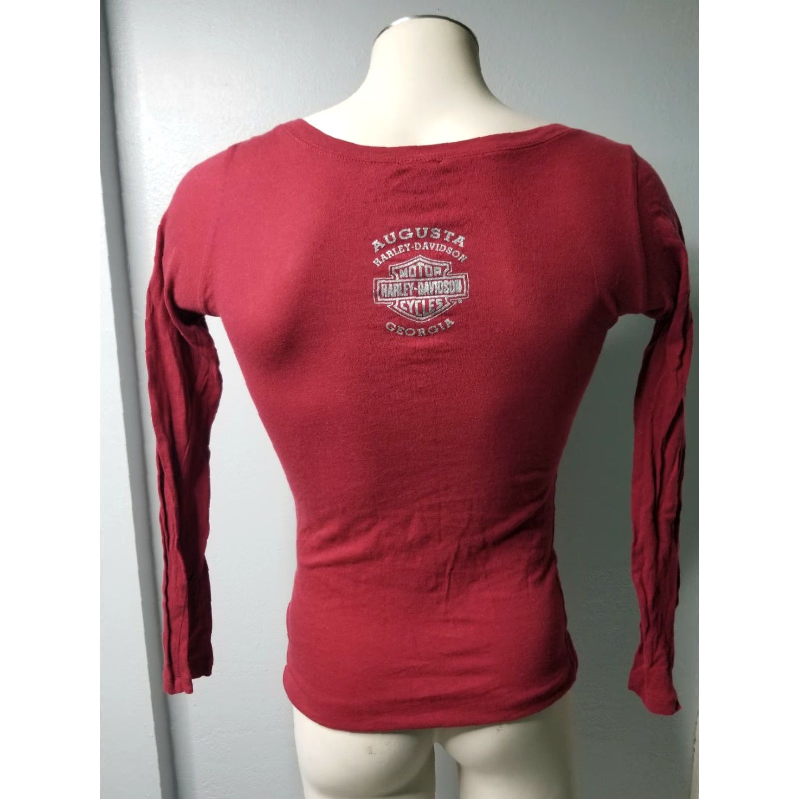 Harley Davidson Harley-Davidson Shirt Womens L Cropped 3/4 Sleeve Red Cotton Logo Lace 90s Female Shirt? Size L / US 10 / IT 46 - 2 Thumbnail