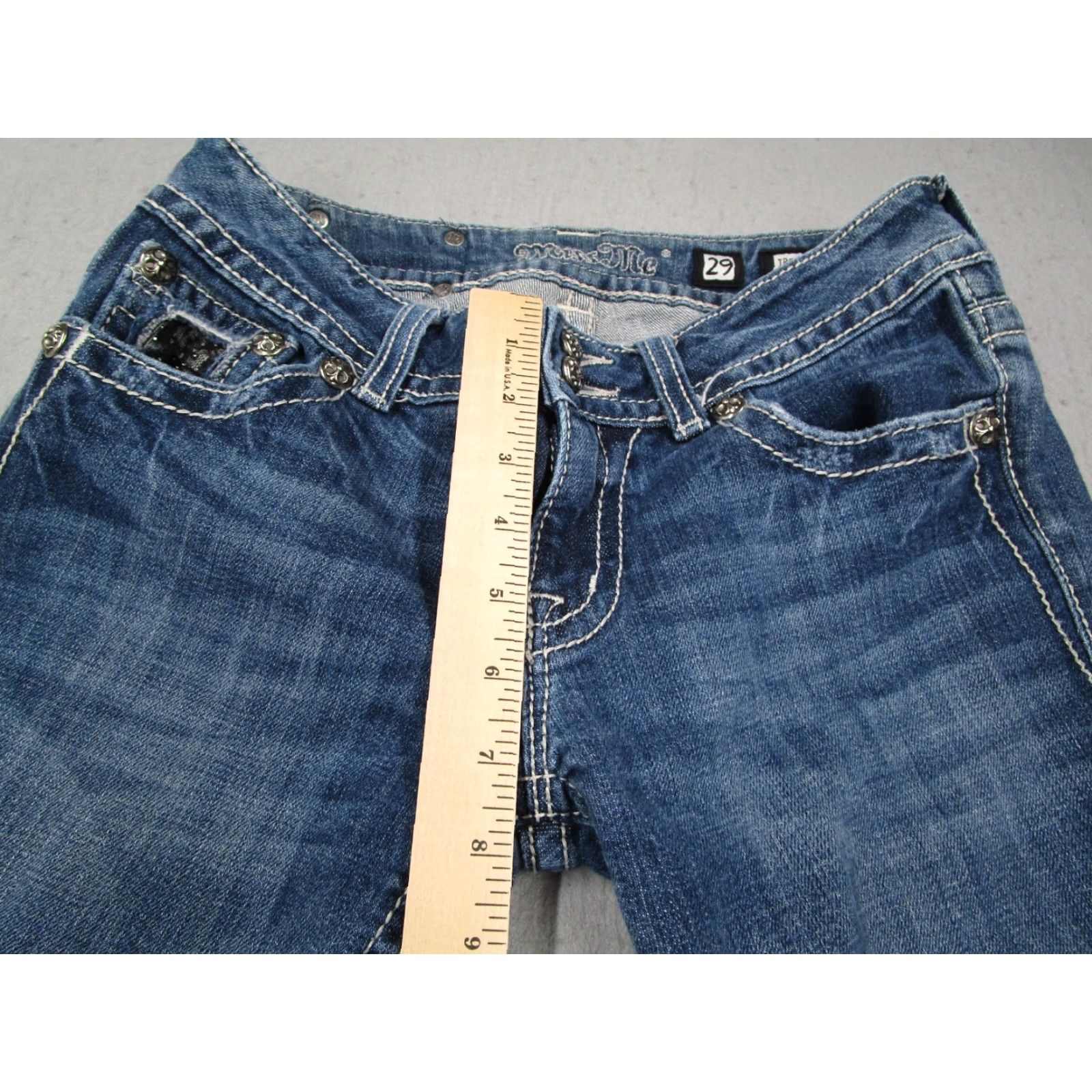 Miss Me Miss Me Jeans Women Blue Low Rise Bootcut 29 Regular 29x32 Denim Rhinestone Pockets JP5002-2 Bedazzled 5-Pocket Cowboy Retro Vintage Size 29" - 6 Thumbnail