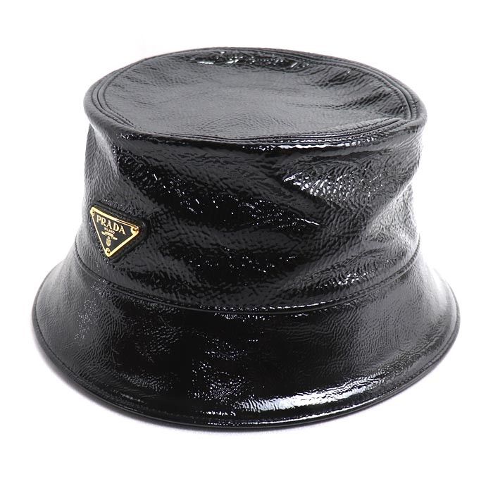 Prada Prada Prada Triangle Logo Patent Leather Lambskin Bucket Hat Leather Hats 1HC137 2DNT F0002 DUTY FREE for USA Size ONE SIZE - 1 Thumbnail