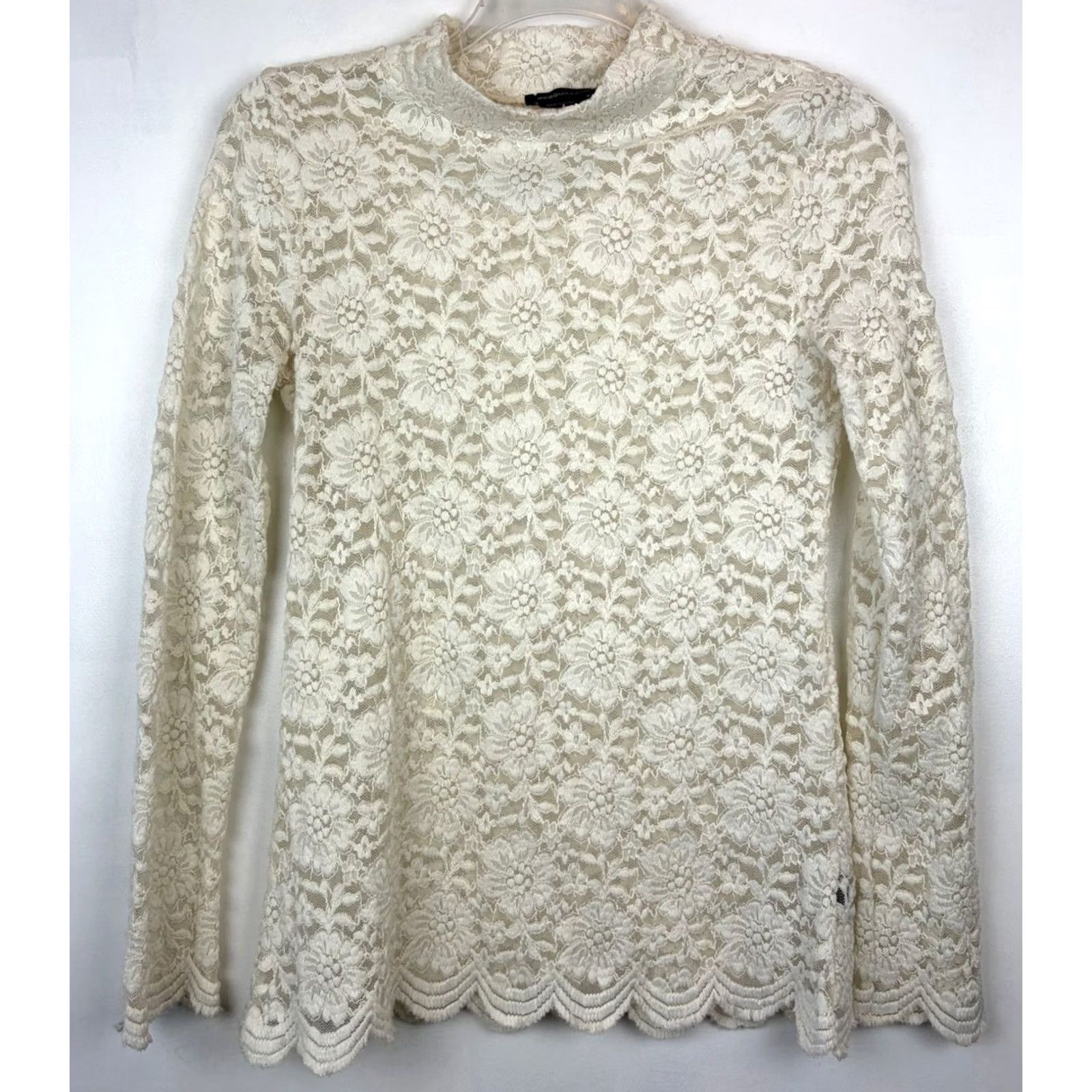 Bcbgmaxazria BCBGMAXAZRIA Blouse Womens M Ivory Lace Mock Neck Long Sleeve Casual Size M / US 6-8 / IT 42-44 - 2 Thumbnail
