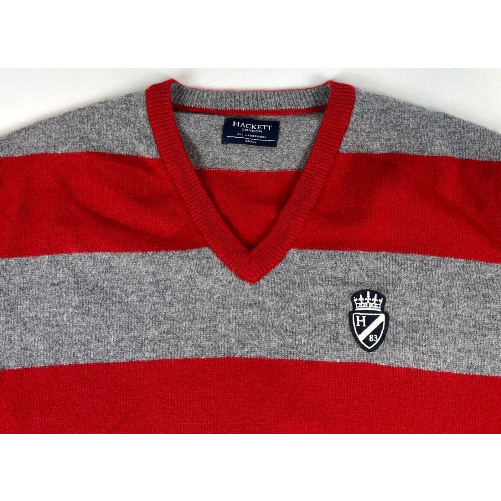Hackett Hackett London Men’s Pullover V-Neck Sweater 100% Lambswool Striped Sz S Gray Red Size US S / EU 44-46 / 1 - 3 Thumbnail
