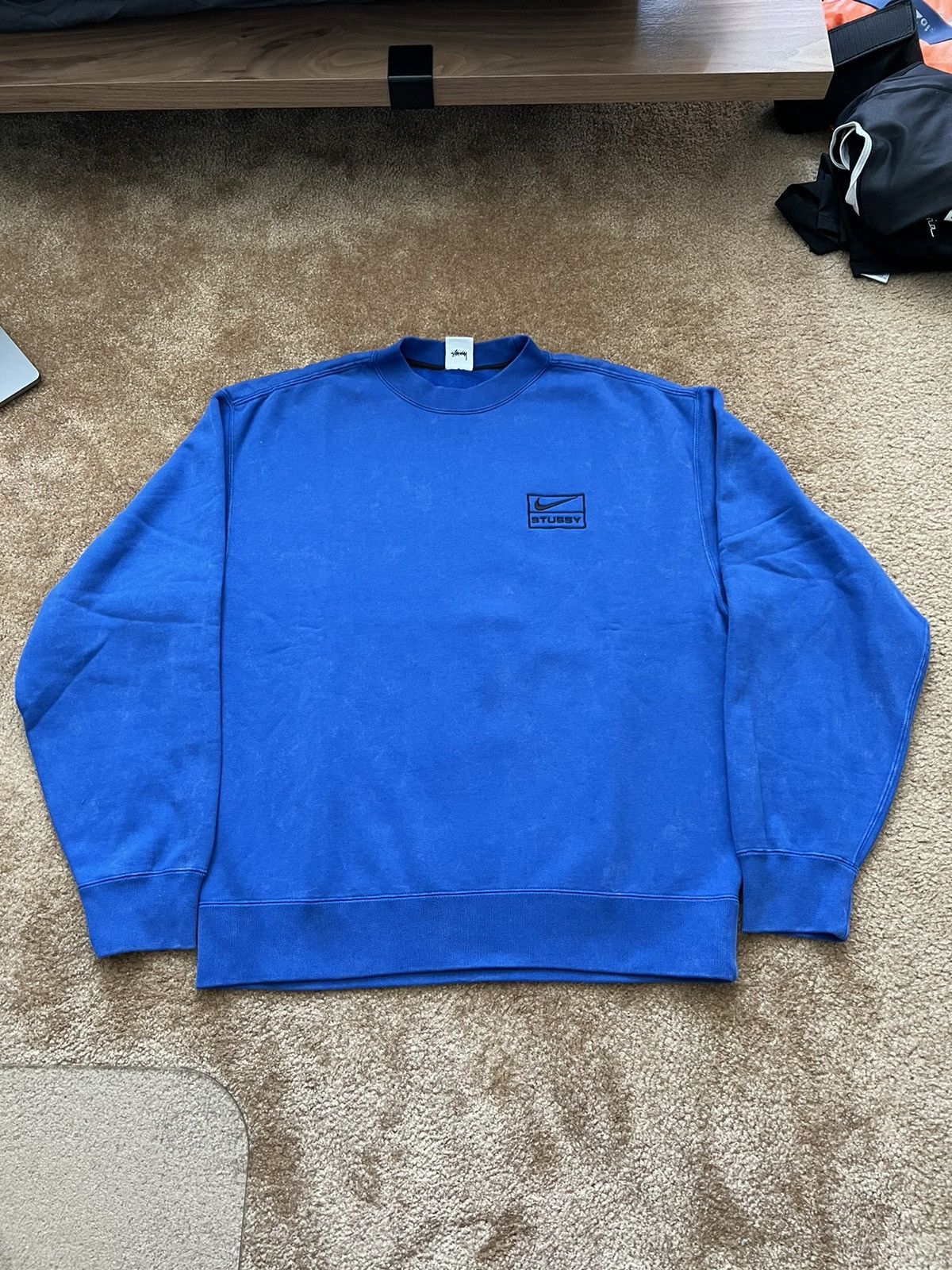 image of Nike x Stussy Washed Fleece Crew in Blue, Men's (Size Small)