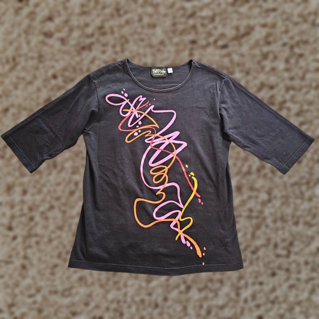 Bob Mackie Bob Mackie Top Shirt Women Large Black Abstract Art Artsy Short Sleeve Casual Blouse Size L / US 10 / IT 46 - 1 Thumbnail