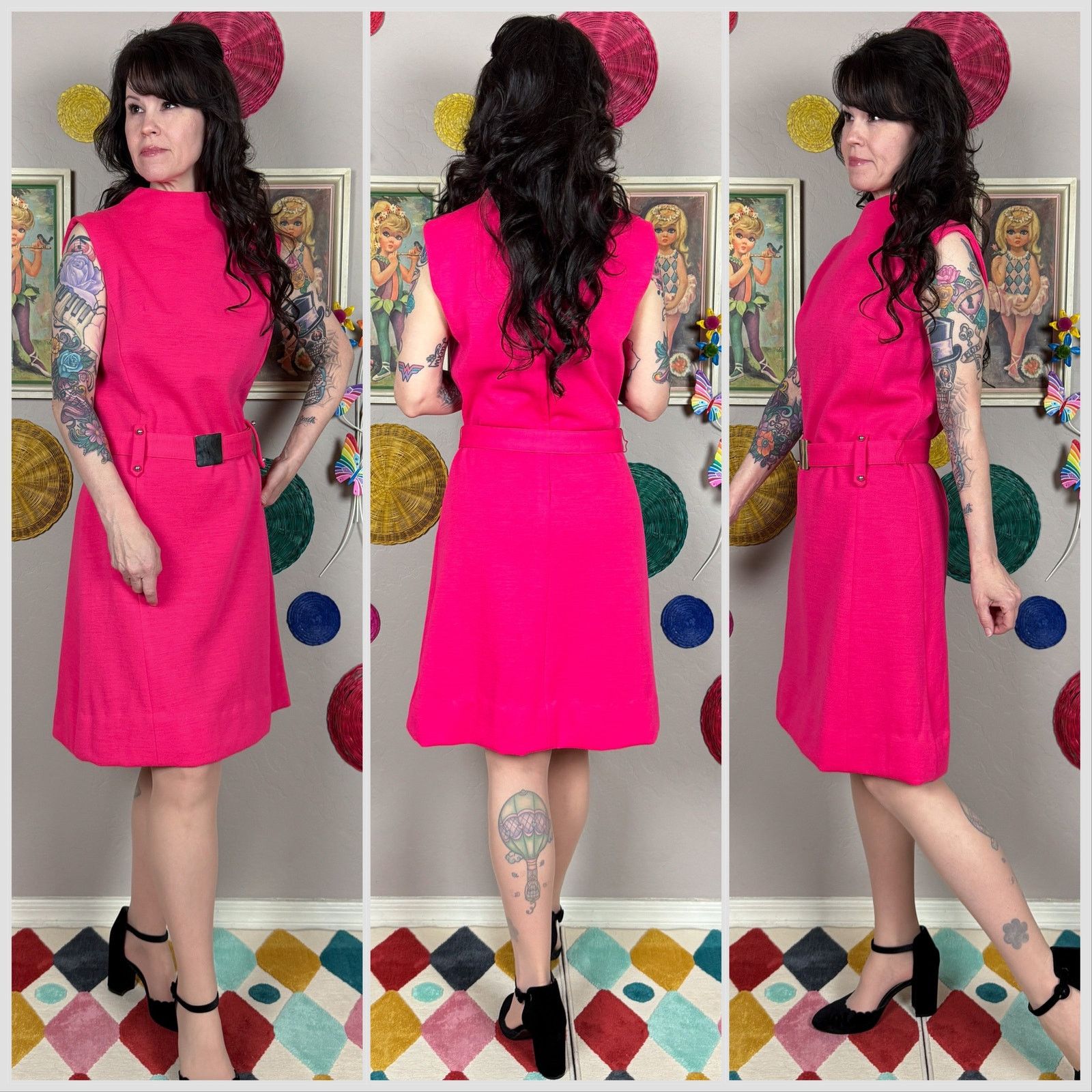 Vintage 1970s Hot Pink Sleeveless A-Line Belted Mod Knit Dress Size M / US 6-8 / IT 42-44 - 2 Thumbnail