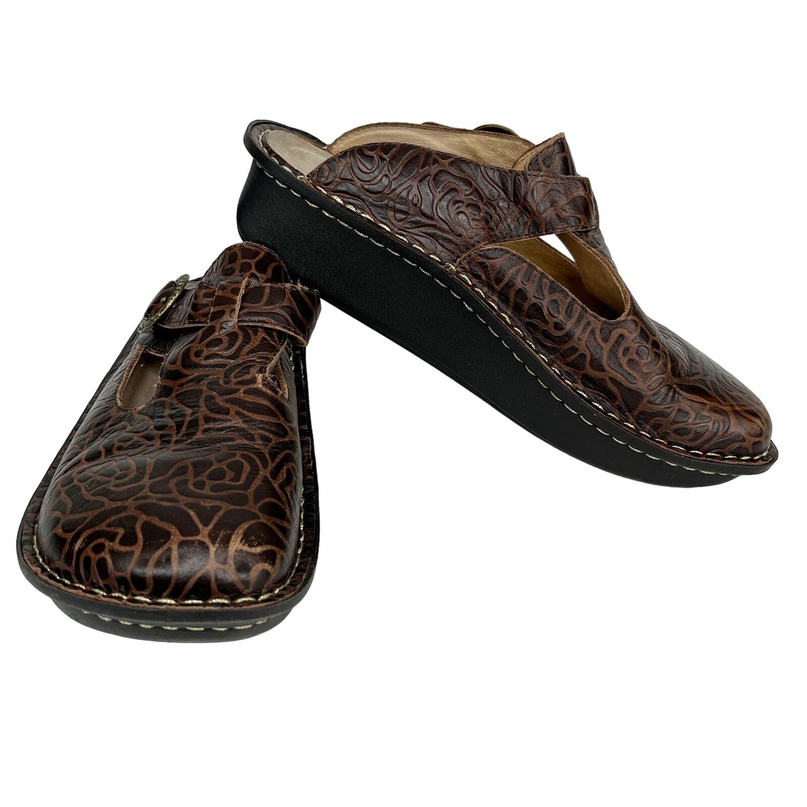 Alegria Rose Embossed Brown Leather Clogs 38 Alg-532 Shoes, Women's