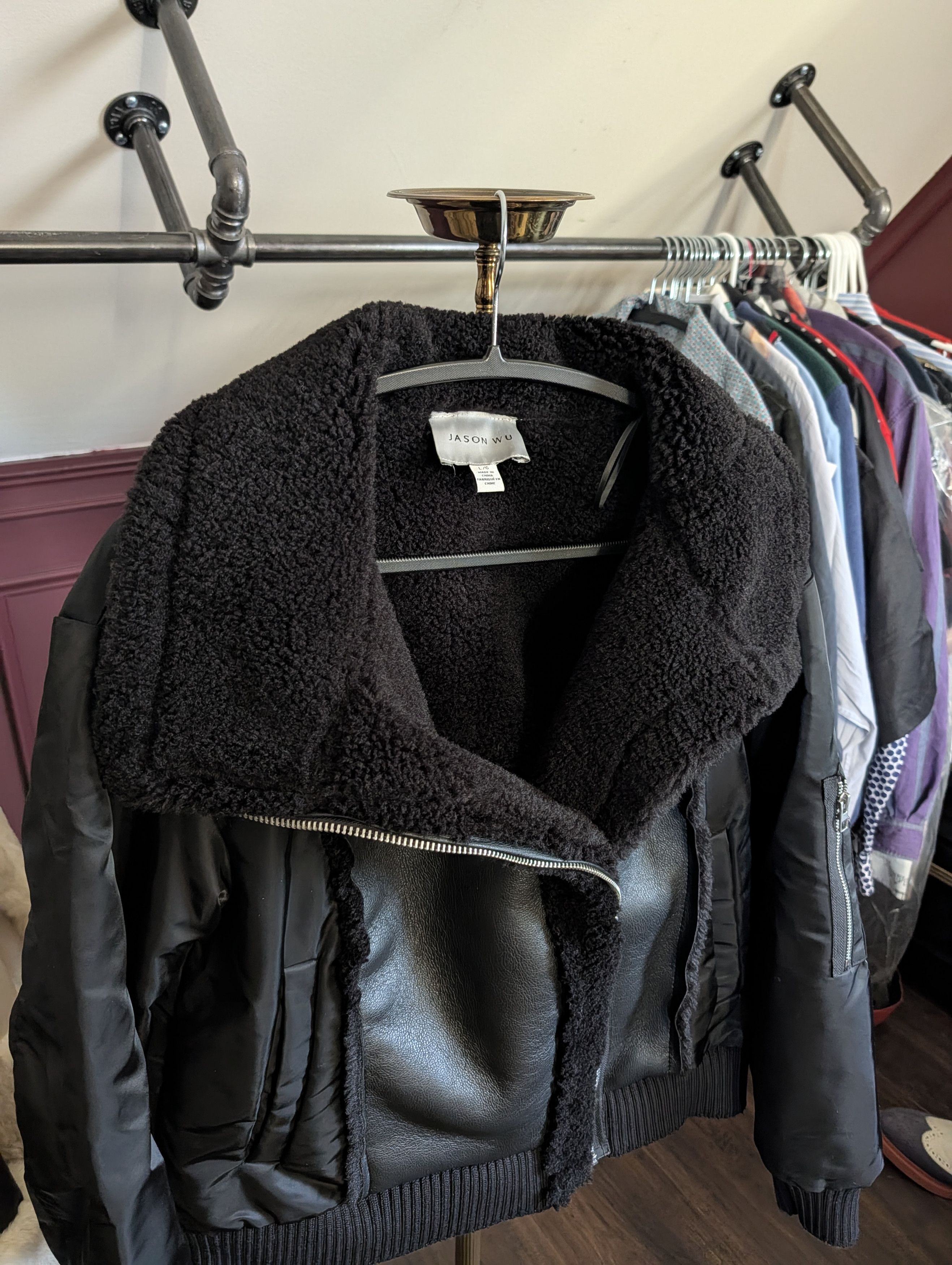Jason Wu Black vegan leather shearling fur aviator bomber jacket Size L / US 10 / IT 46 - 2 Thumbnail