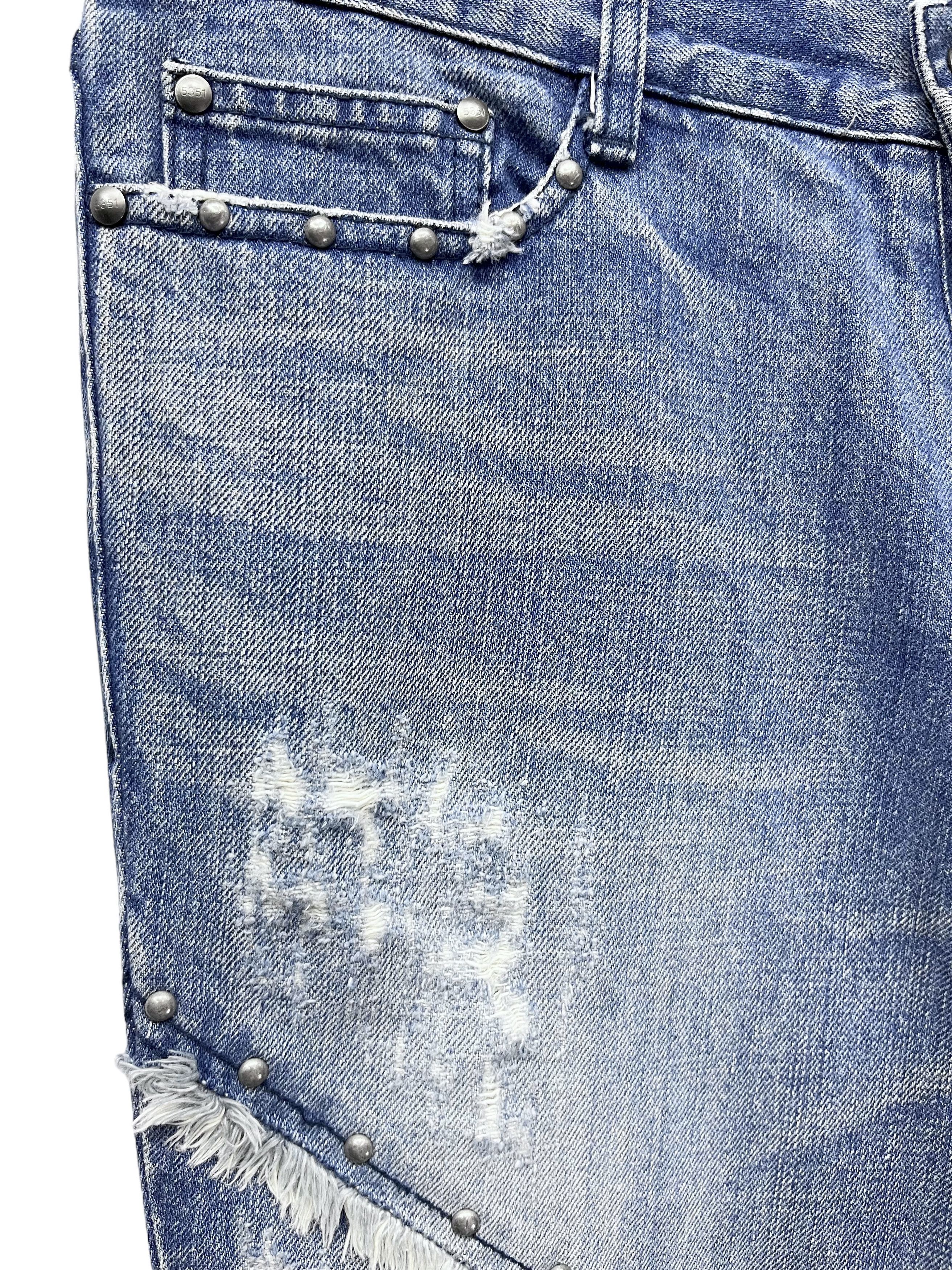 5351 POUR LES HOMMES 🔥Vtg 5351 HOMMES Distressed Frayed Spliced Studded Flare💥 Size US 31 - 12 Thumbnail