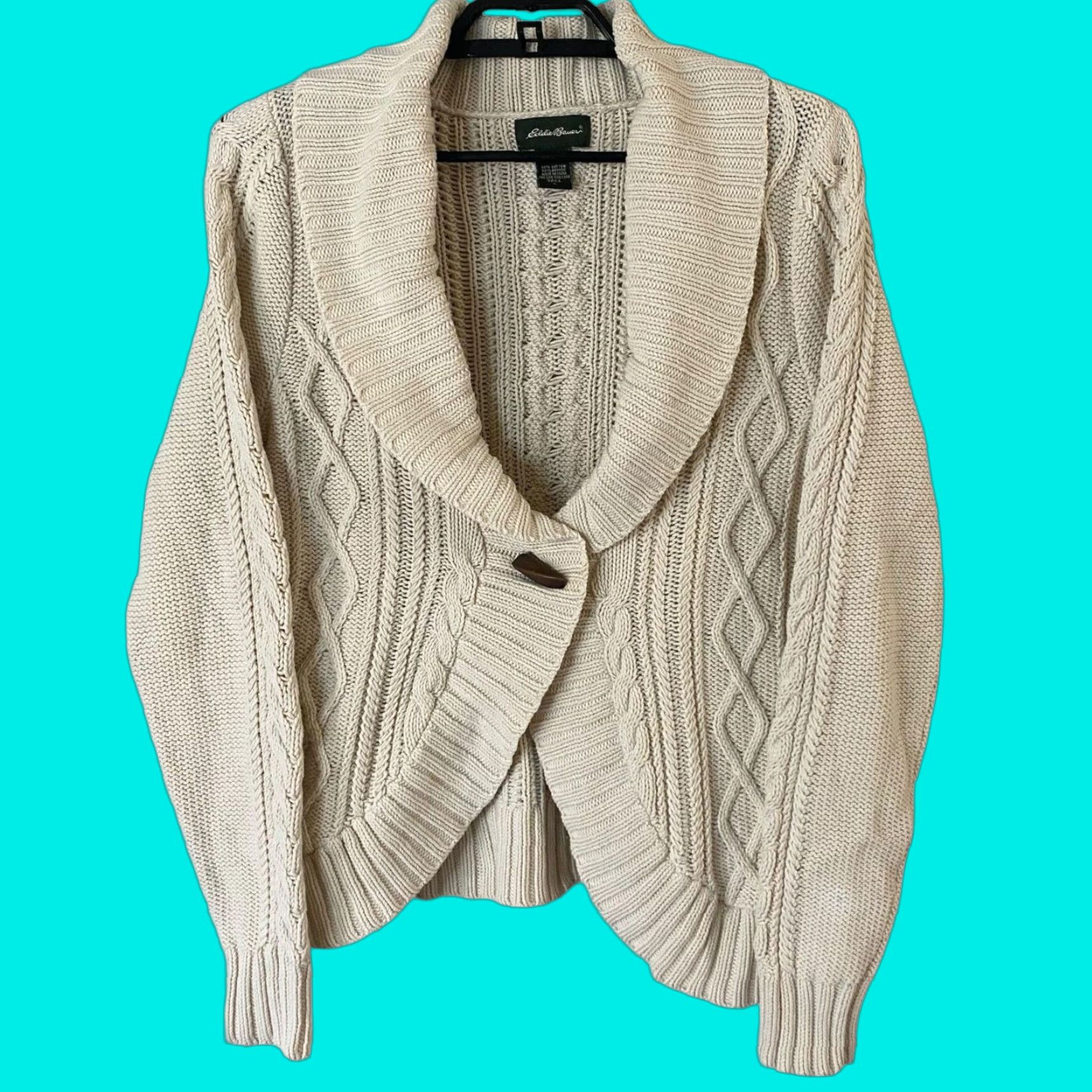 Eddie Bauer Eddie Bauer Women’s Cable-Knit Cardigan Sweater Large Tall Cream Cotton Blend Fall Casual Size L / US 10 / IT 46 - 1 Thumbnail