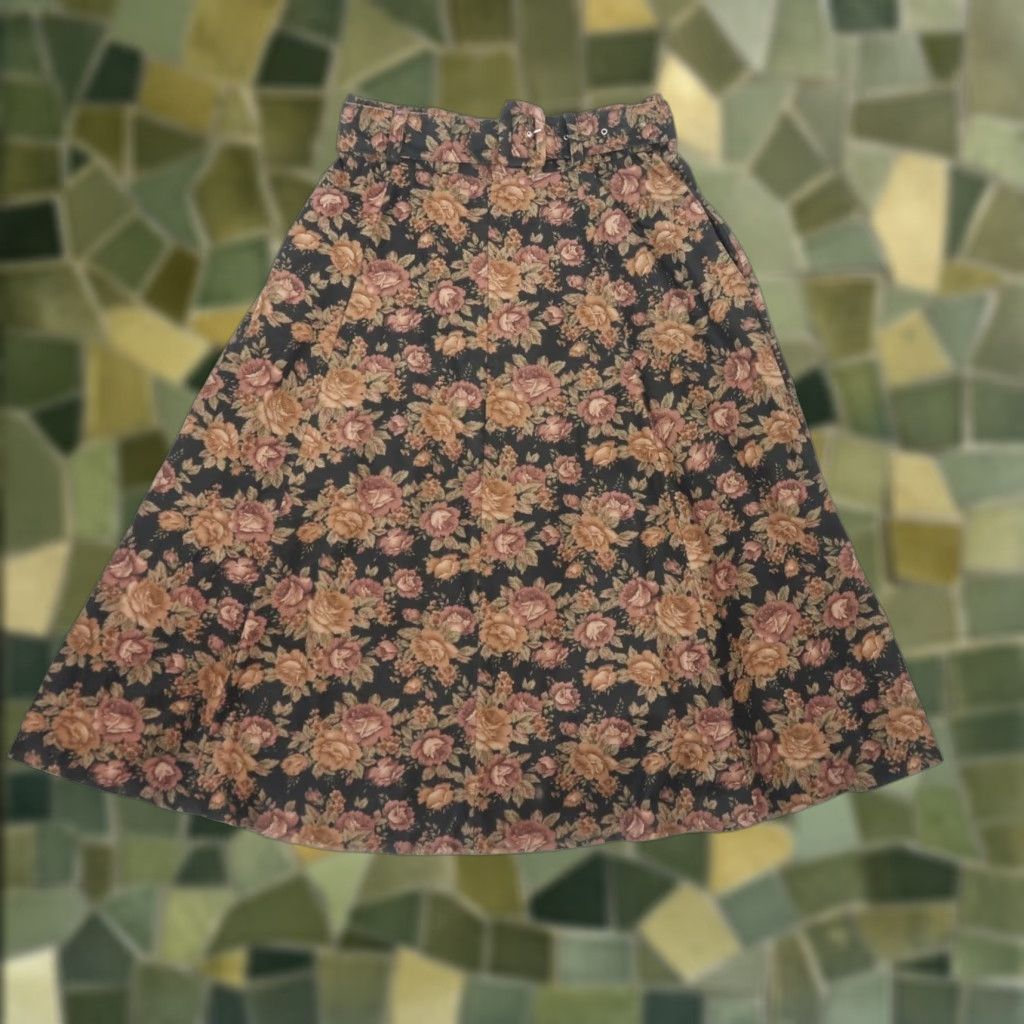 Vintage VINTAGE Tung Yeung Black Brown Floral A-Line Midi Skirt Skirt Women M Floral 80s 90s Fall Spring Winter Womens Size 32" / US 10 / IT 46 - 1 Thumbnail