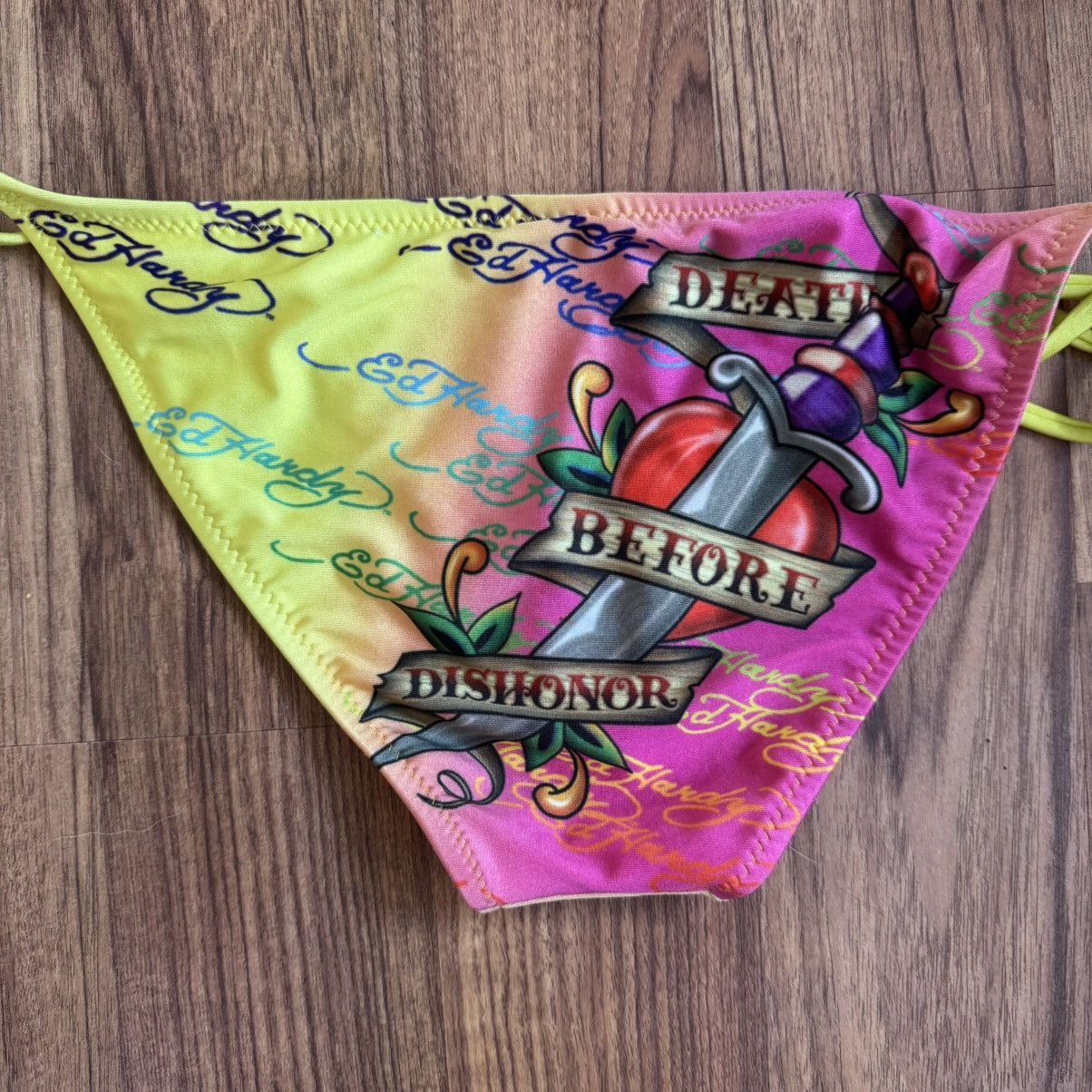 ED HARDY Vintage Y2K Rare Pink Yellow Dishonor Bikini Set