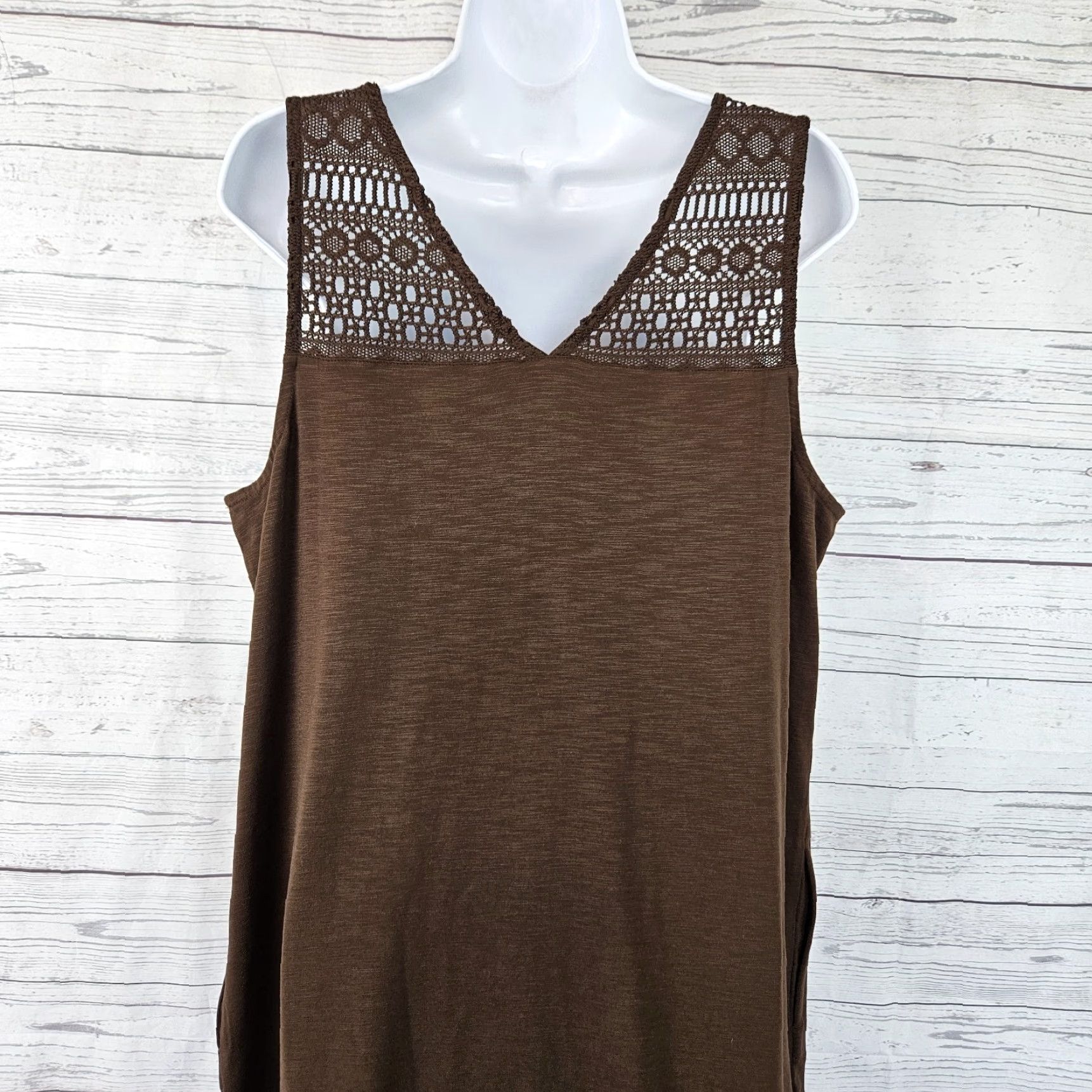 J. Jill J Jill Womens Dress Solid Brown Crochet Lace Pockets Cotton Blend Size L Sleeveless Knee Length Pullover Shift Vintage No N/A Women Size L / US 10 / IT 46 - 4 Thumbnail