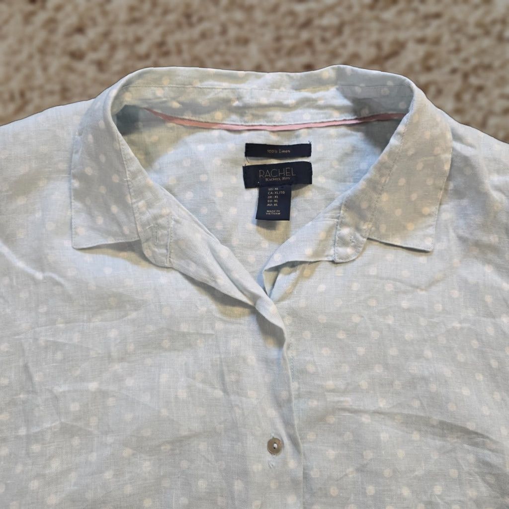 Rachel Zoe Rachel Zoe Top Womens Large Blue White Linen Polka Dot Button Casual Camp Short Sleeve Crew Neck Collared Size L / US 10 / IT 46 - 1 Thumbnail