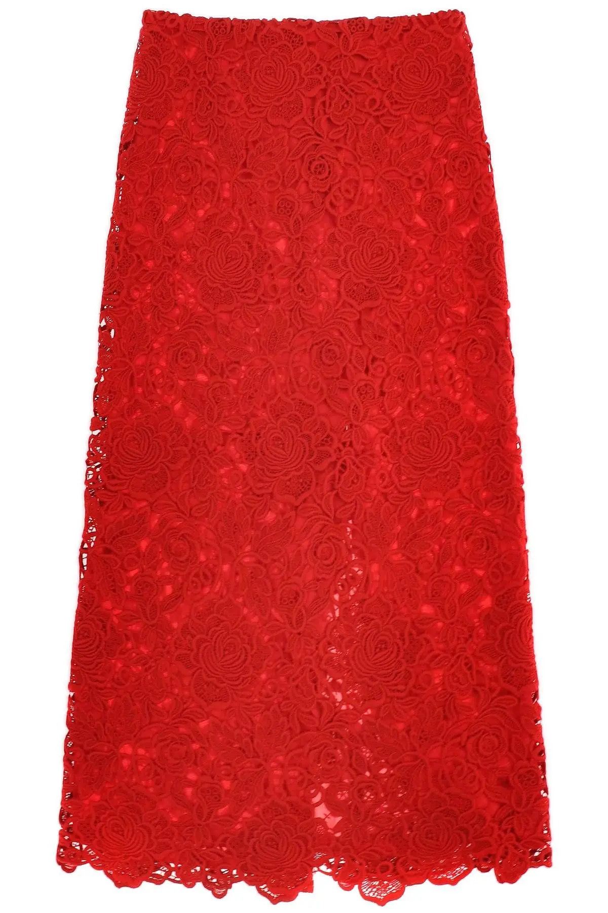 image of Valentino Garavani O1S22I1N1223 Floral Guipure Lace Pencil Skirt In Red, Women's (Size 30)