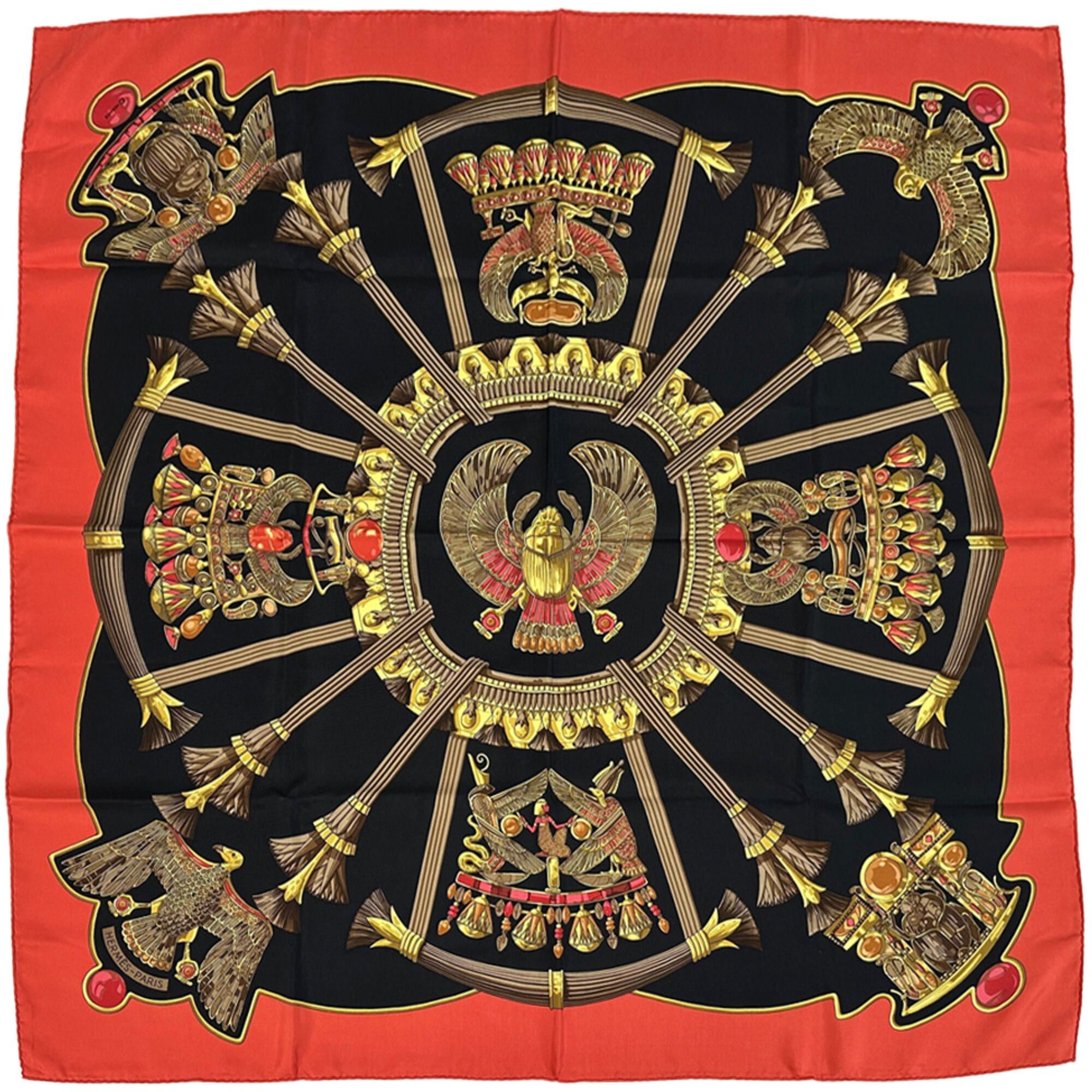 Hermes Hermes scarf/muffler, Carre 90, Caty design, ancient Egyptian motif, women's, silk, red and black, scarab beetle, bird, animal. Size ONE SIZE - 1 Thumbnail
