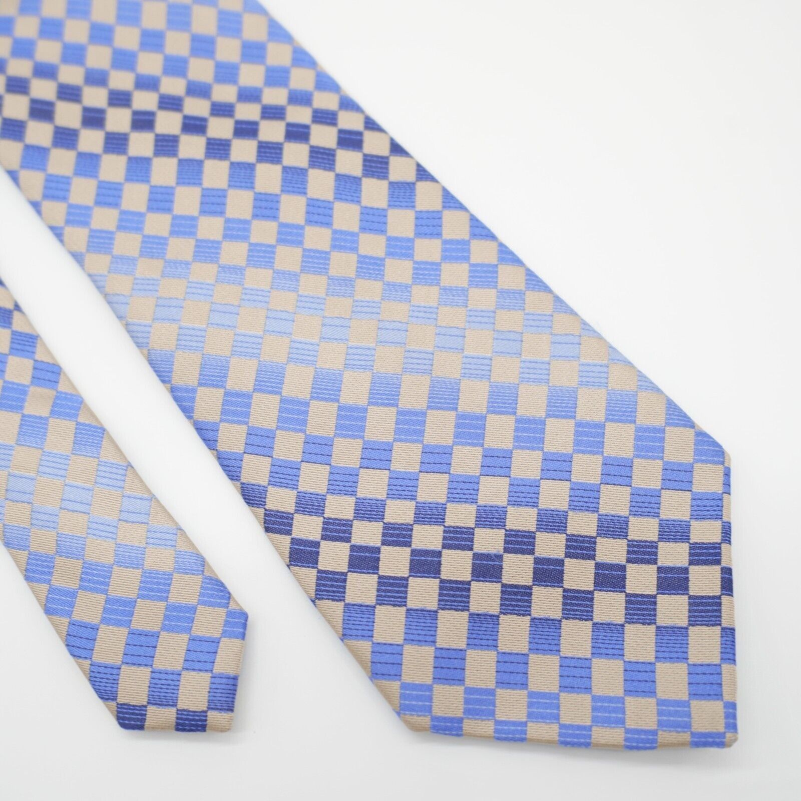 Calvin Klein Calvin Klein Blue Tan Woven Checkerboard Long Silk Tie Size ONE SIZE - 1 Thumbnail