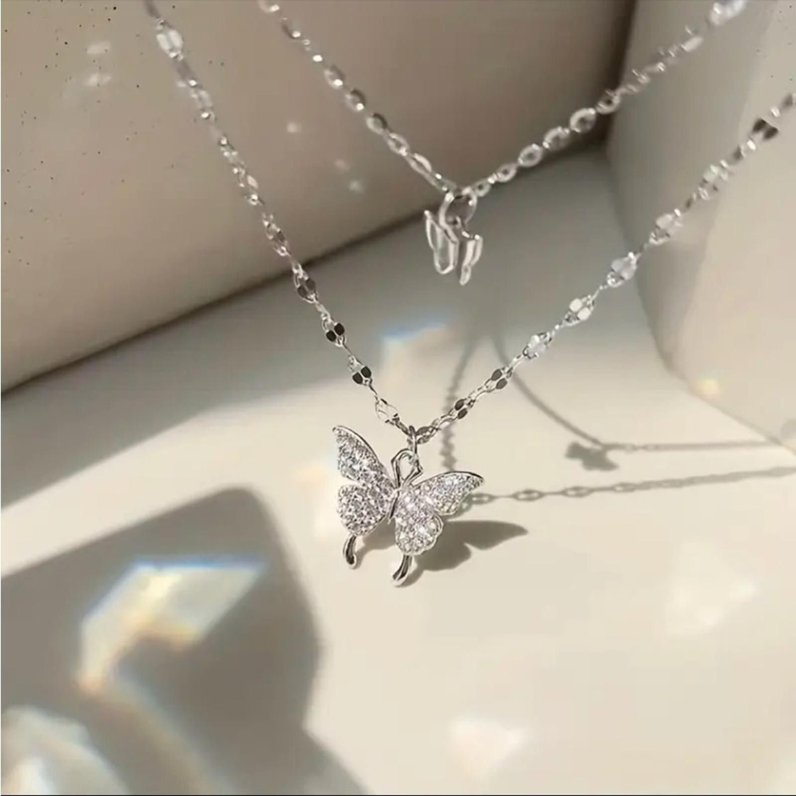 Designer Dainty Silver Plated Double Chain Butterfly Necklace NWT Size ONE SIZE - 4 Thumbnail