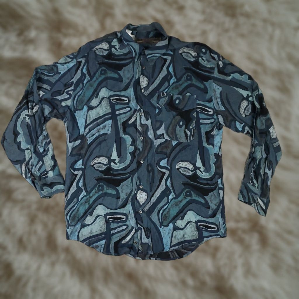 Vintage Haupt Dress Shirt Mens Size 16.5 Blue Geometric Rayon Long Sleeve Button Up Size US L / EU 52-54 / 3 - 1 Thumbnail