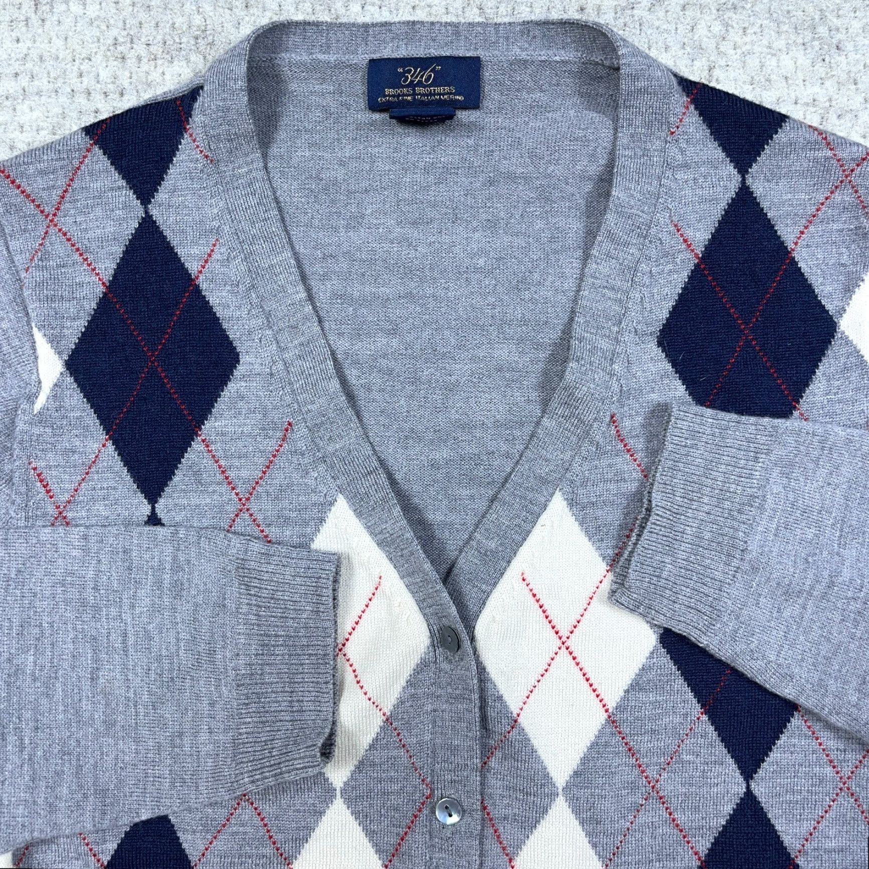 Brooks Brothers VINTAGE Brooks Brothers Cardigan Sweater Women Large Gray Blue Diamond V Neck 346 Wool Size L / US 10 / IT 46 - 2 Thumbnail