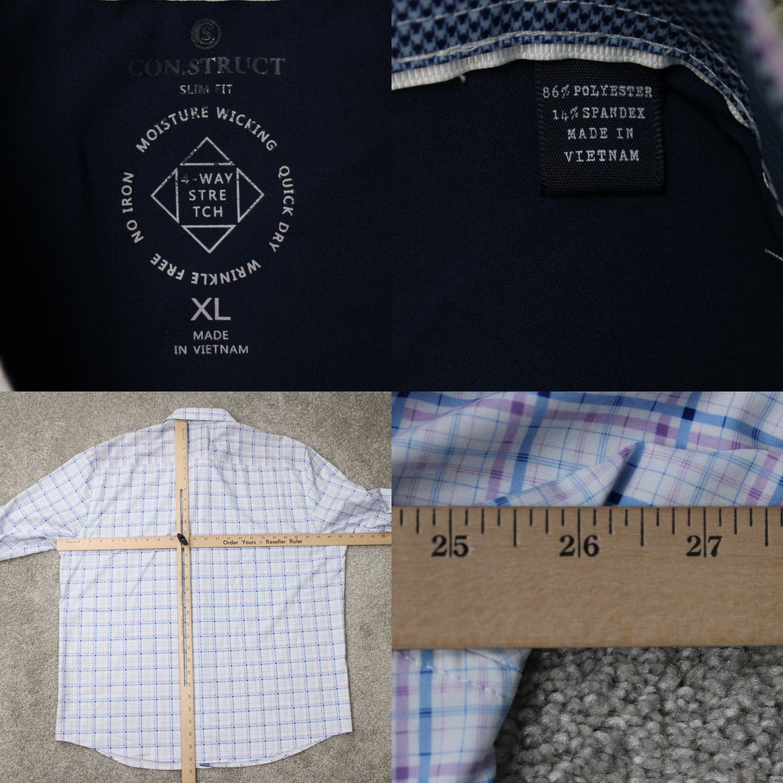 Vintage Construct Shirt Mens XL White/Blue Slim Fit Button-Up Wrinkle Free No Iron L/S Check 90s Casual Formal Workwear Mens Size US XL / EU 56 / 4 - 8 Thumbnail