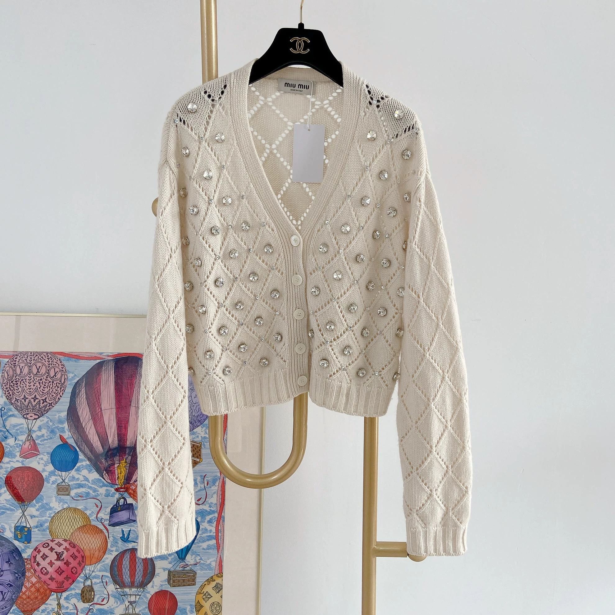 Miu Miu MIU MIU Women's Rhinestone Quilted Knit Cardigan 36 Size XS / US 0-2 / IT 36-38 - 1 Thumbnail