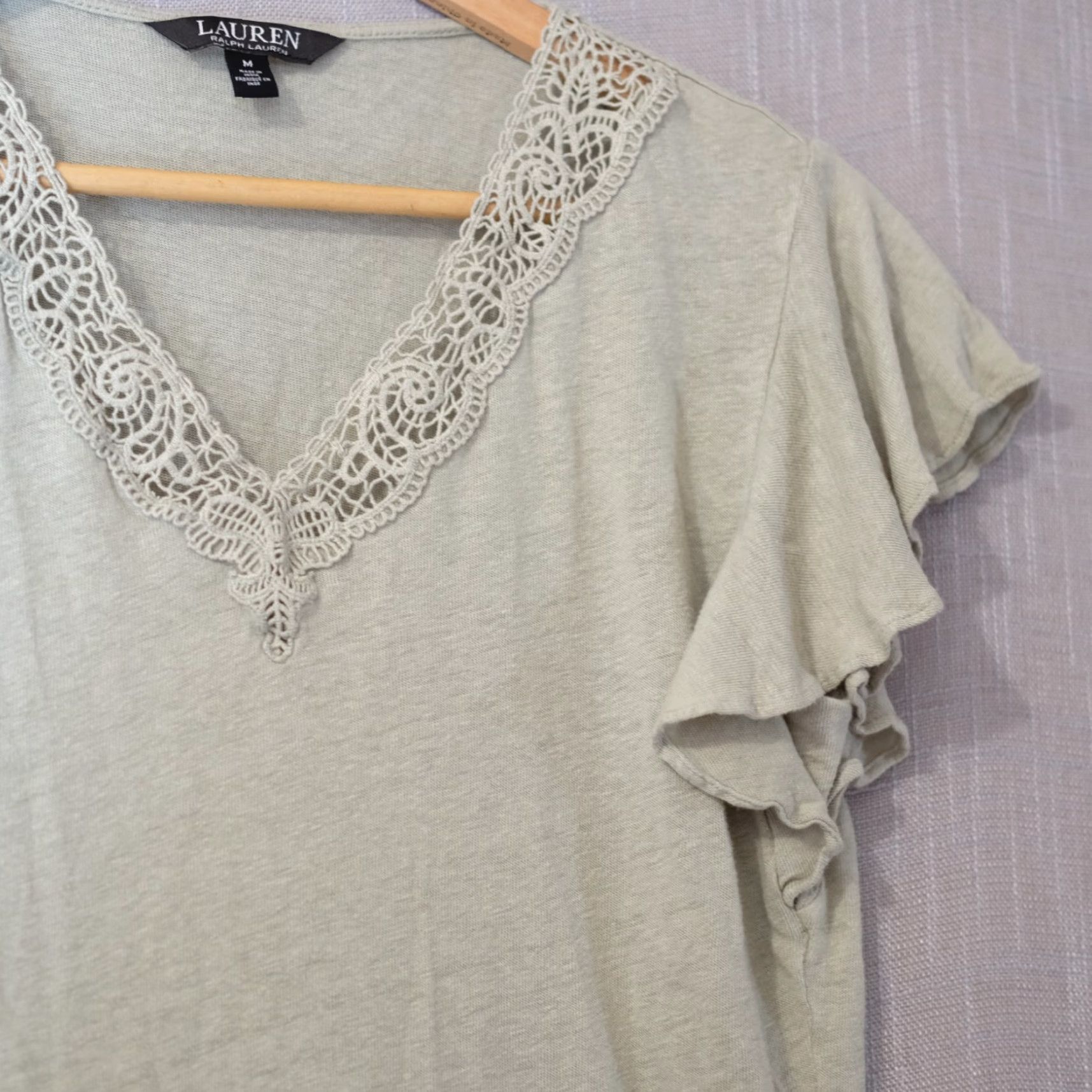 Ralph Lauren Lauren Ralph Lauren Crochet Lace V-Neck Top Womens M Green Linen/Viscose Shirt Knit Casual Slim Short Sleeve T-Shirt 90s Style Womens M Size M / US 6-8 / IT 42-44 - 3 Thumbnail