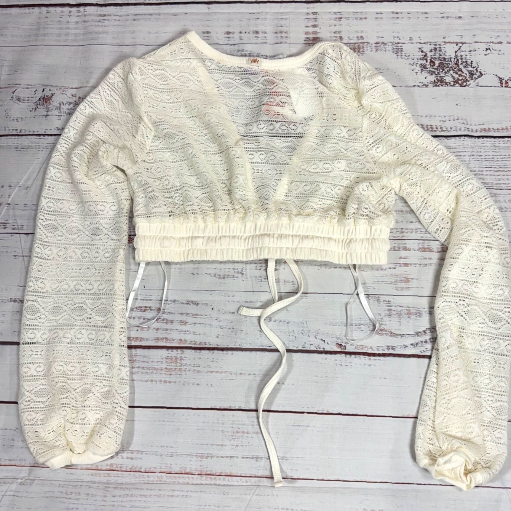 Vintage Yitty Ivory Knit Slip Crop Top V-Neck Long Sleeve M Womens Blouse Cropped Sheer Size M / US 6-8 / IT 42-44 - 5 Thumbnail